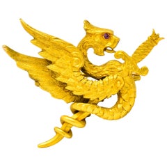 Riker Brothers Art Nouveau 14 Karat Gold Slayed Dragon Brooch, circa 1900