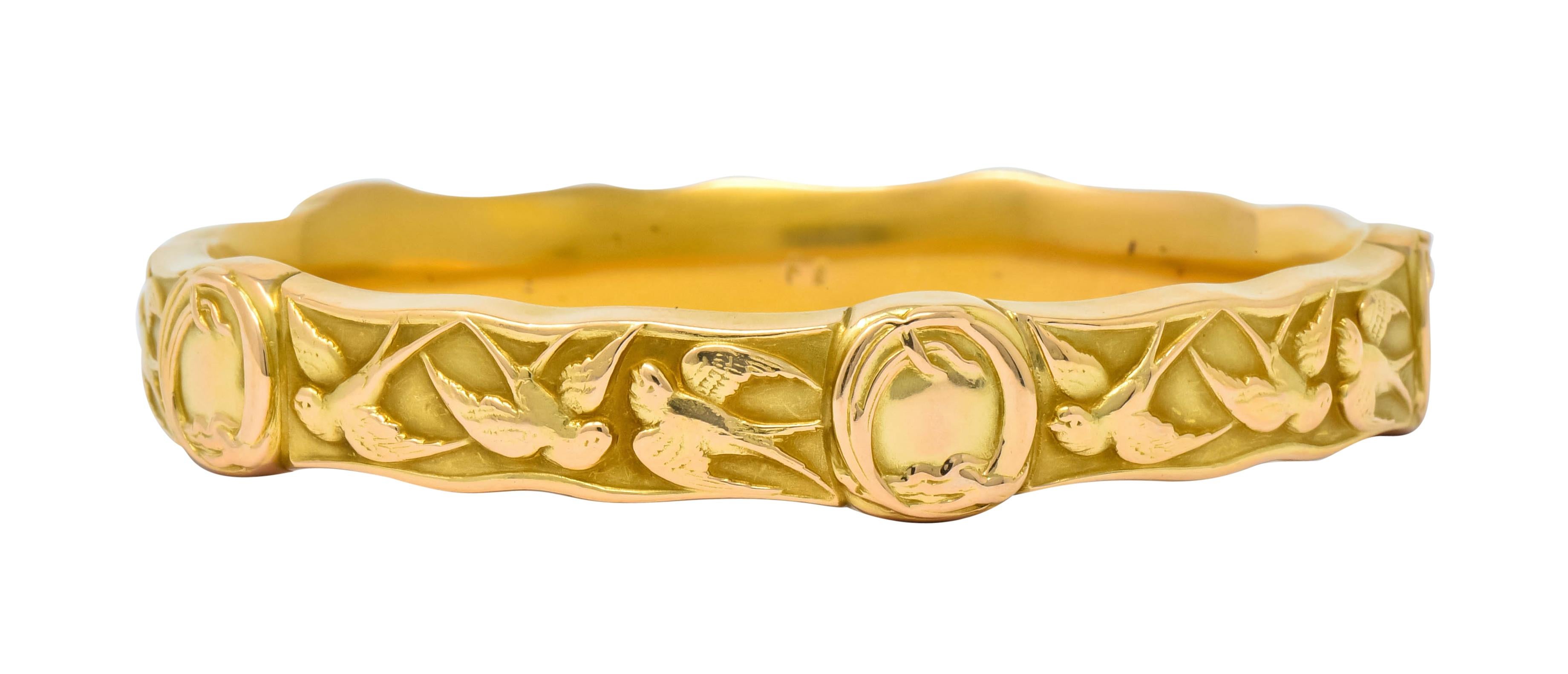 Riker Brothers Art Nouveau 14 Karat Gold Swallow Birds Bangle Bracelet 1