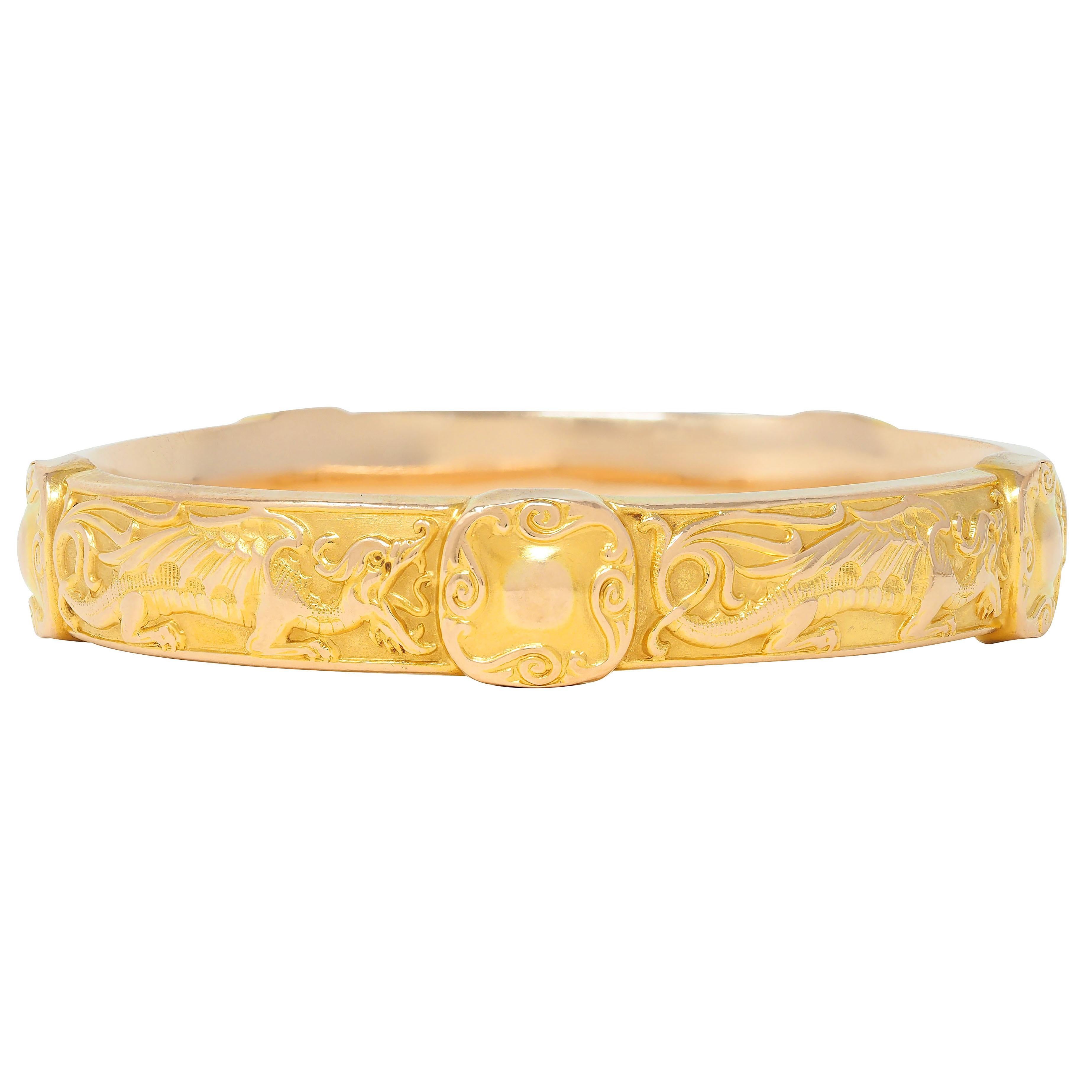 Riker Brothers Art Nouveau 14 Karat Gelbgold Antike Drachen Armreif Armband (Art nouveau) im Angebot