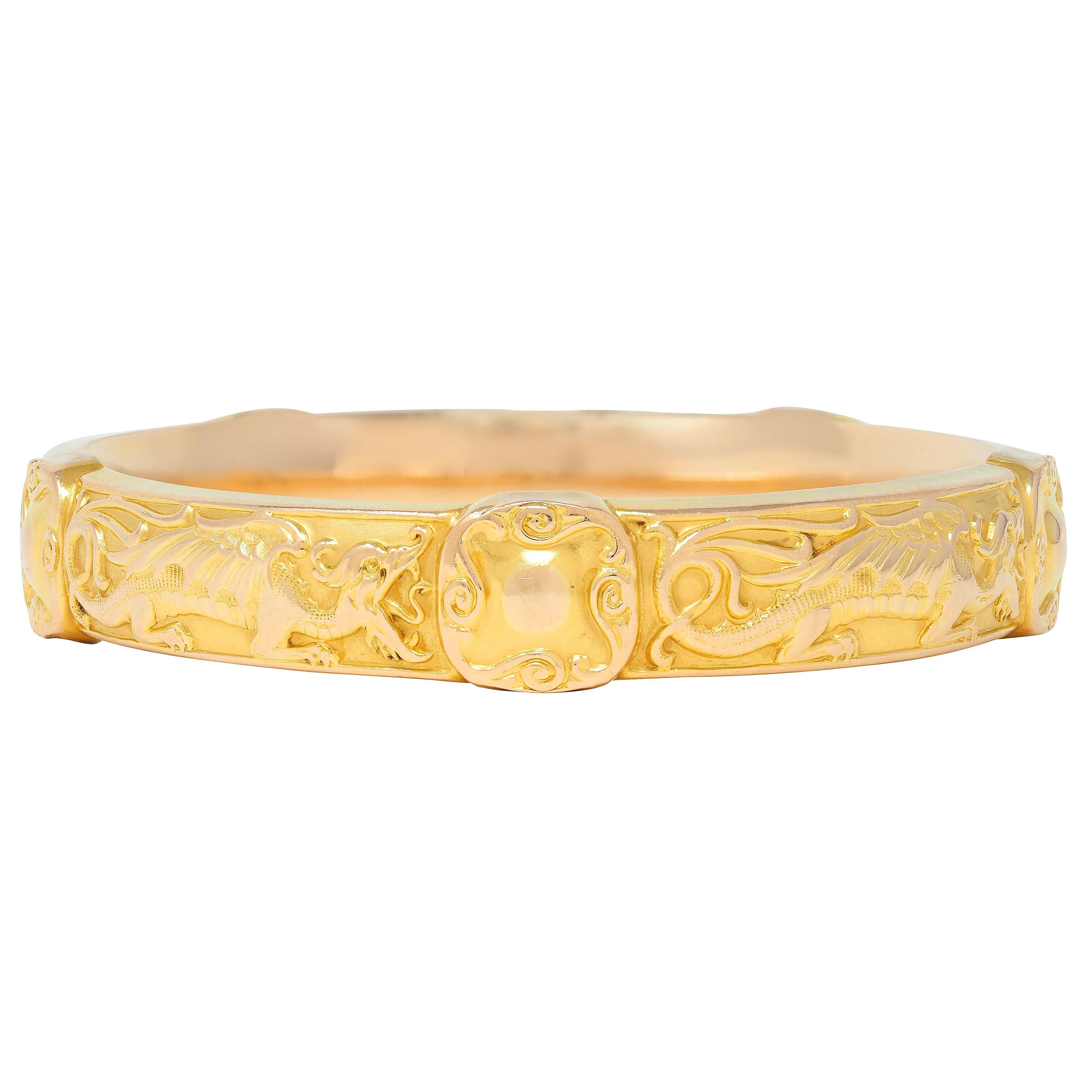 Riker Brothers Art Nouveau 14 Karat Gelbgold Antike Drachen Armreif Armband für Damen oder Herren im Angebot