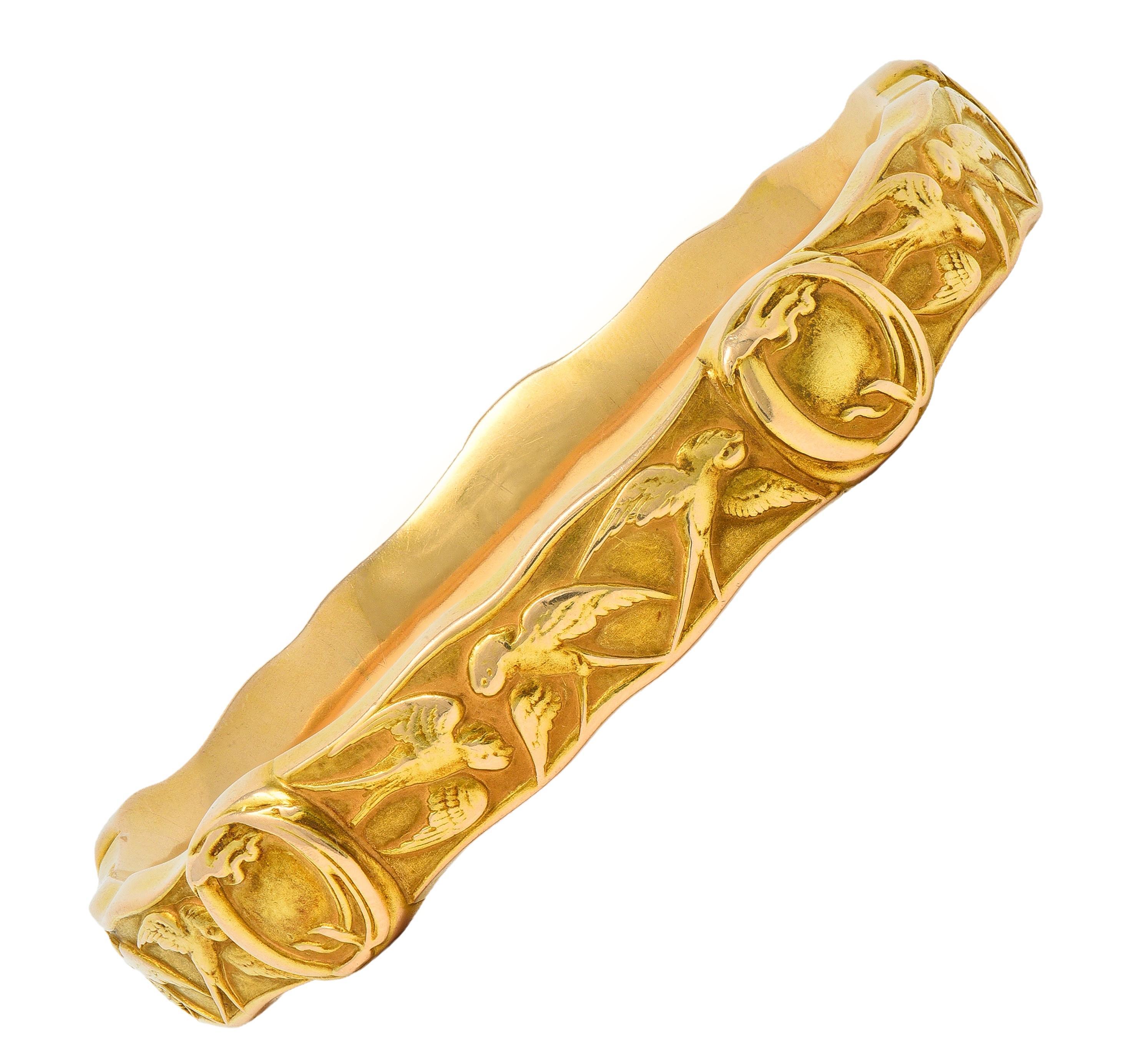 Riker Brothers Art Nouveau 14 Karat Yellow Gold Antique Swallow Bangle Bracelet