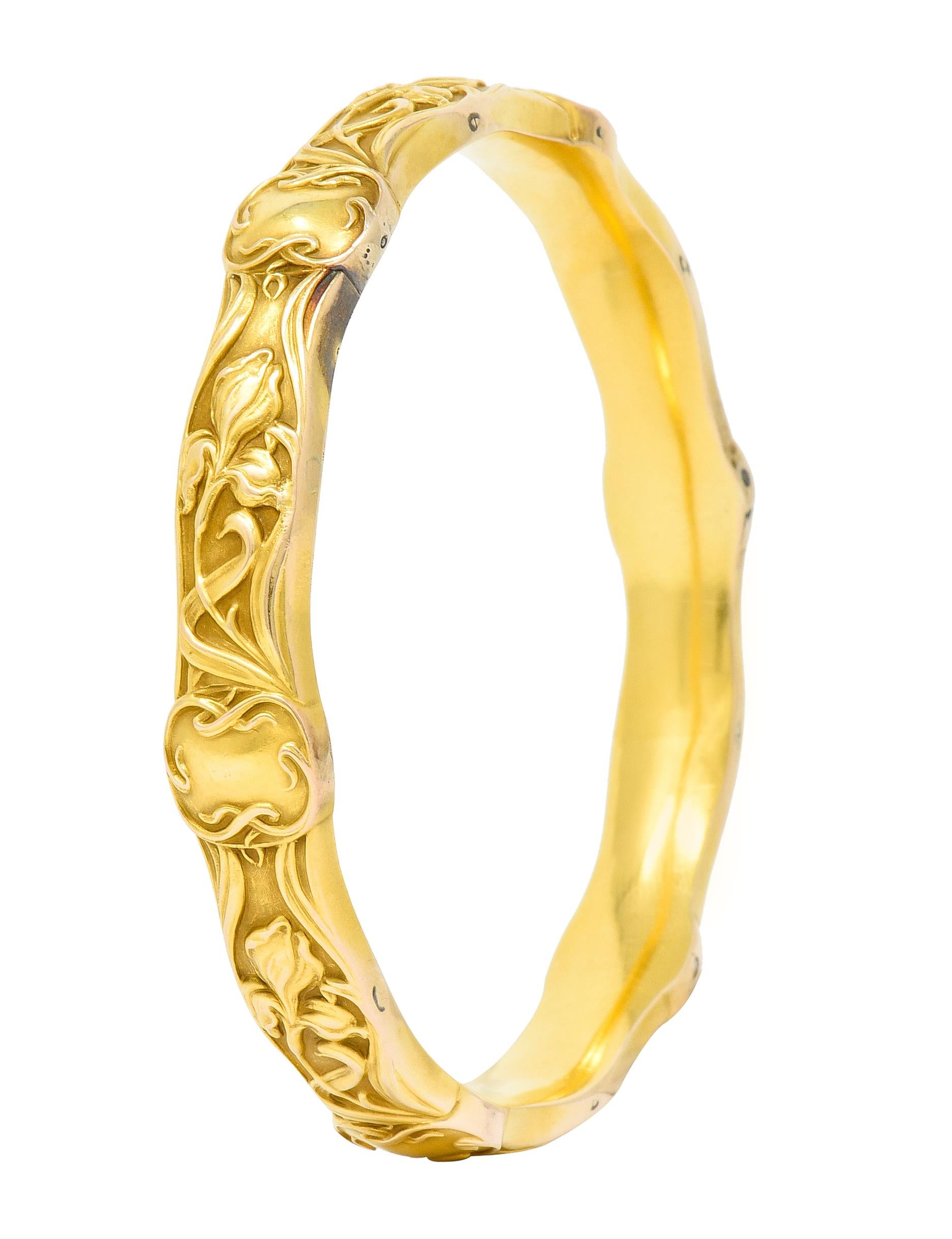 Women's or Men's Riker Brothers Art Nouveau 14 Karat Gold Iris Flower Bangle Bracelet