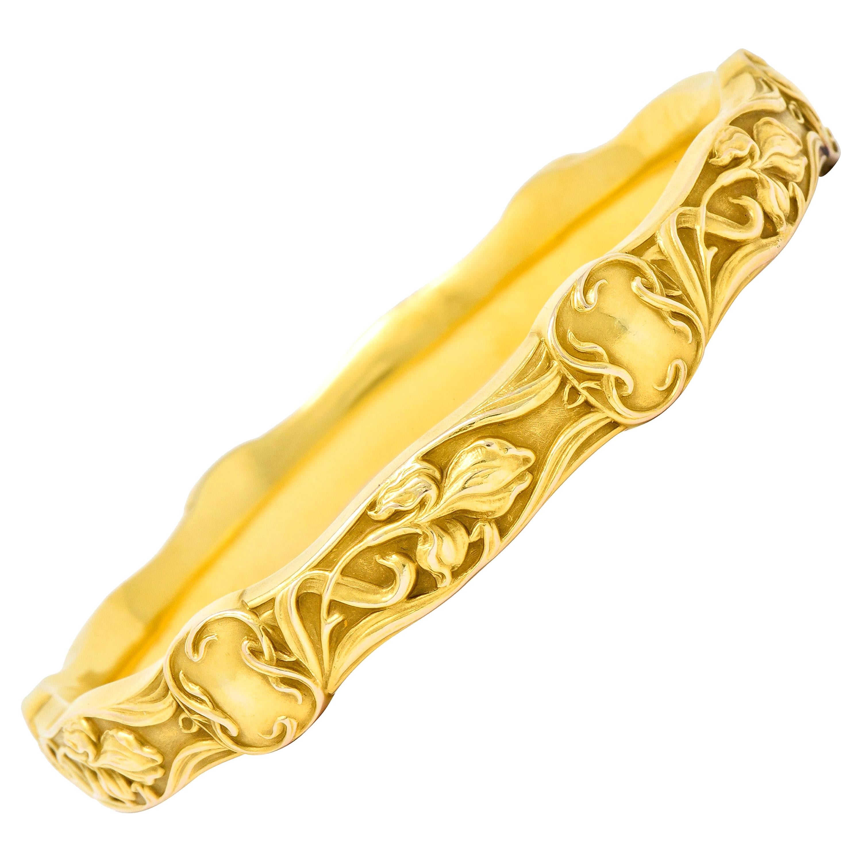 Riker Brothers Art Nouveau 14 Karat Gold Iris Flower Bangle Bracelet