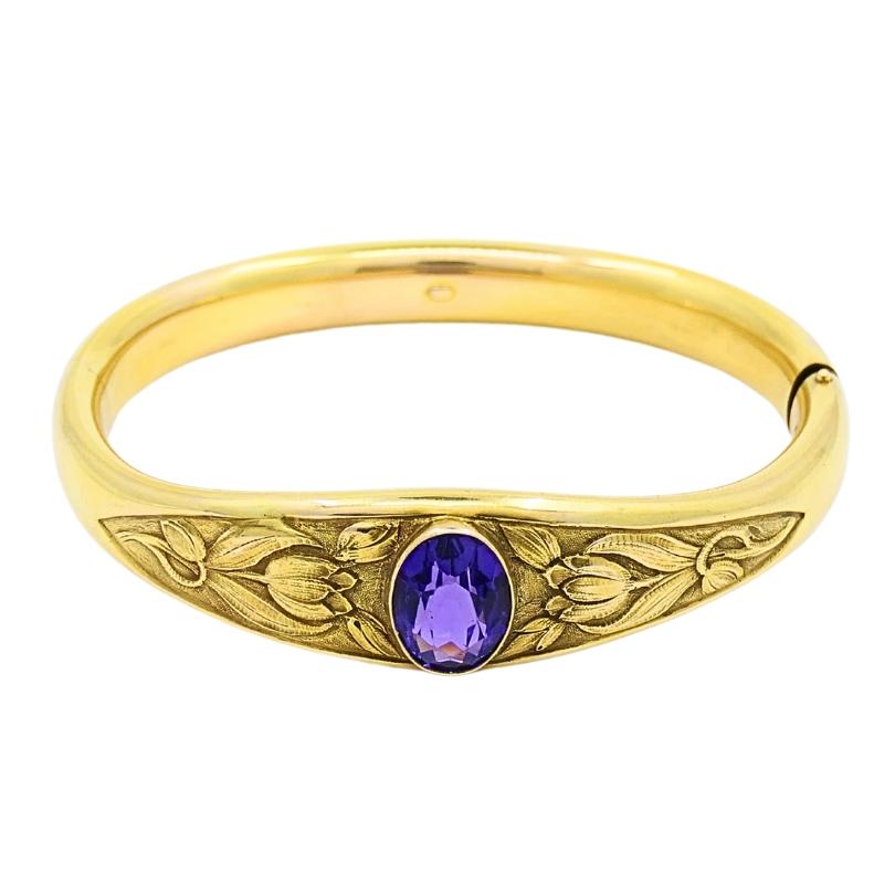 Riker Brothers Art Nouveau 14k Gold Bangle Amethyst Bracelet In Good Condition In Beverly Hills, CA