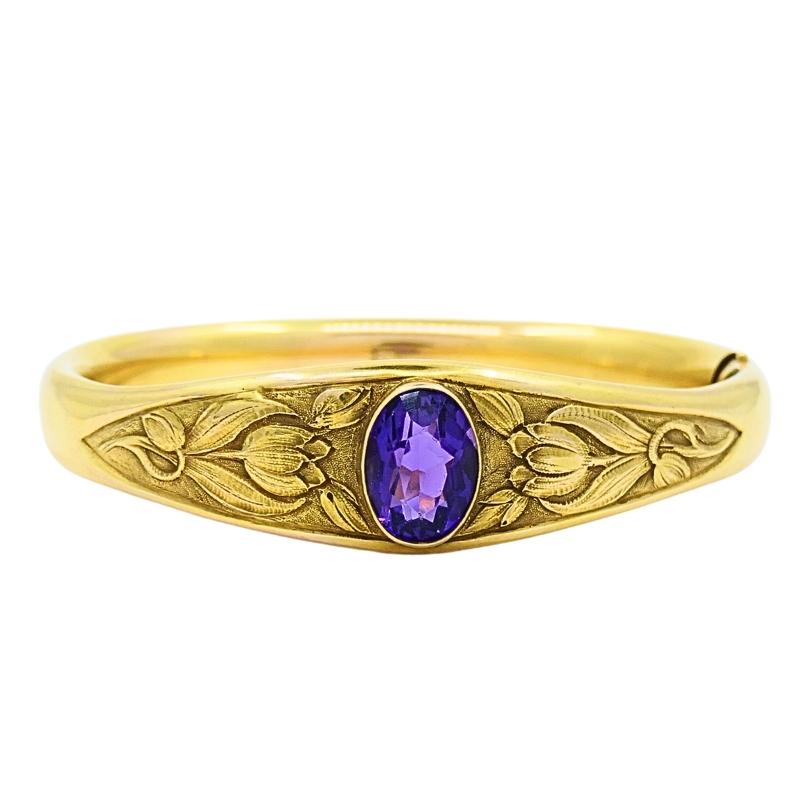 Women's Riker Brothers Art Nouveau 14k Gold Bangle Amethyst Bracelet