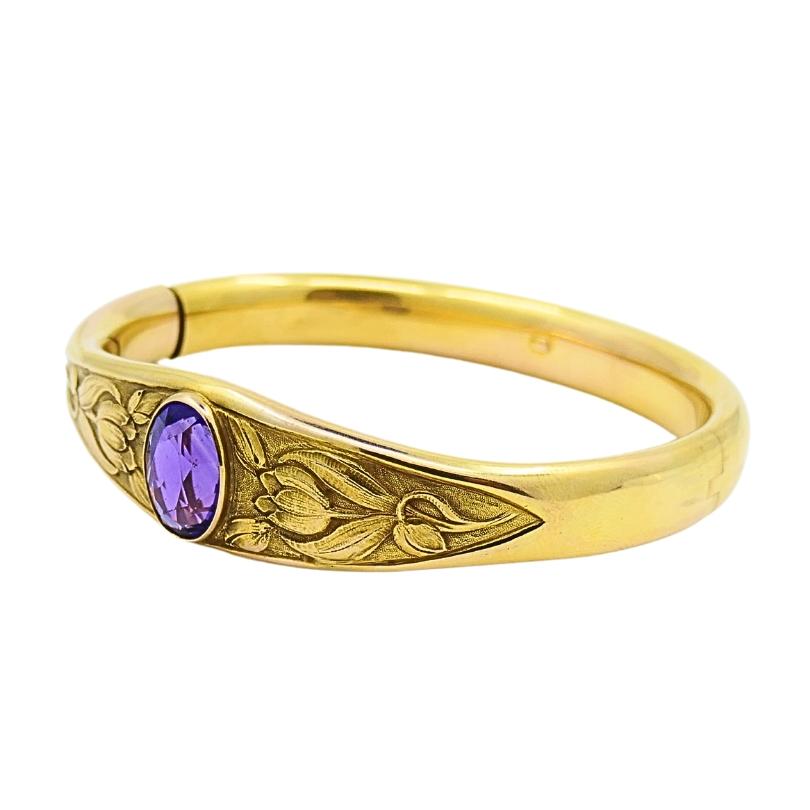 Riker Brothers Art Nouveau 14k Gold Bangle Amethyst Bracelet 1