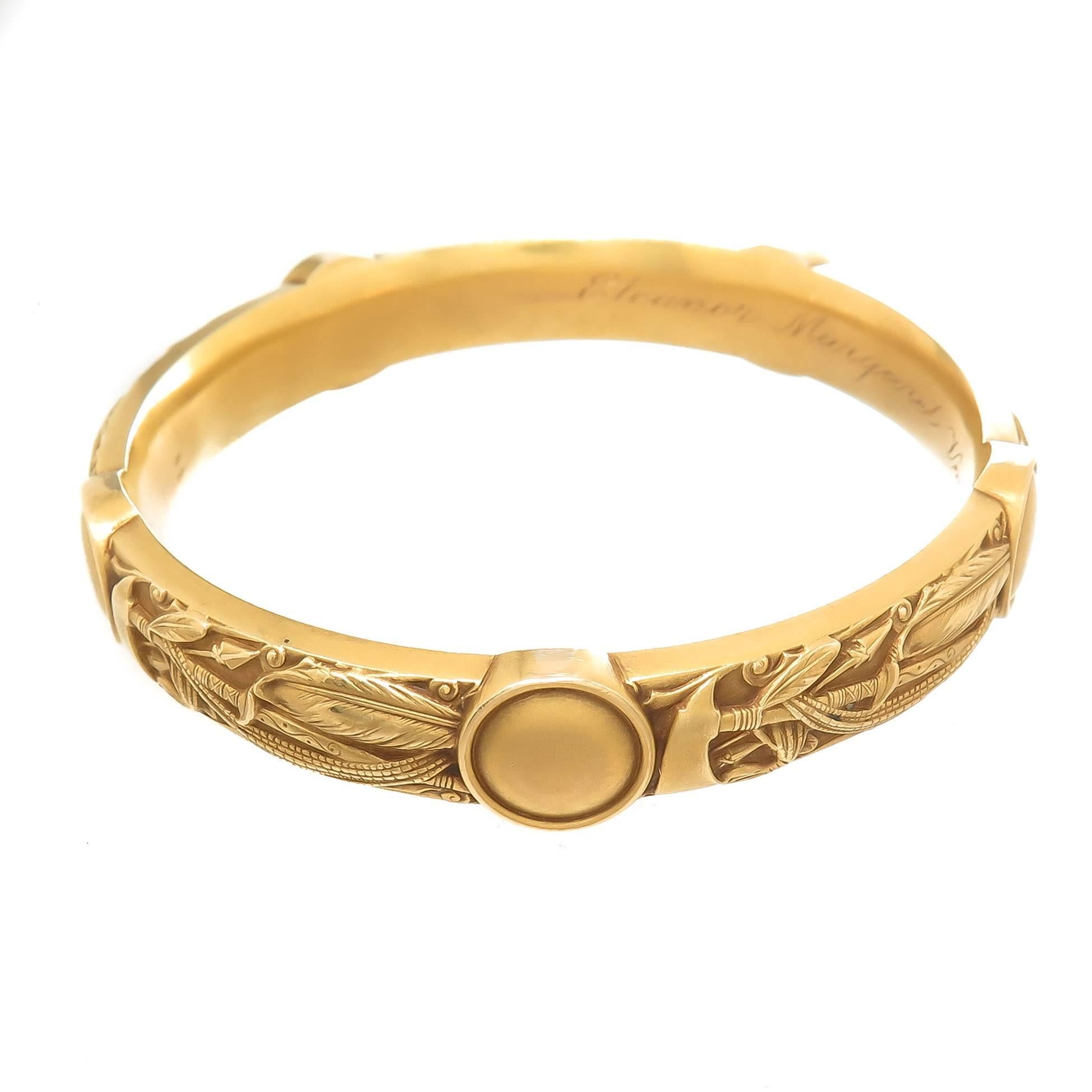 Riker Brothers Art Nouveau 18 Karat Gold Native American Theme Bangle Bracelet