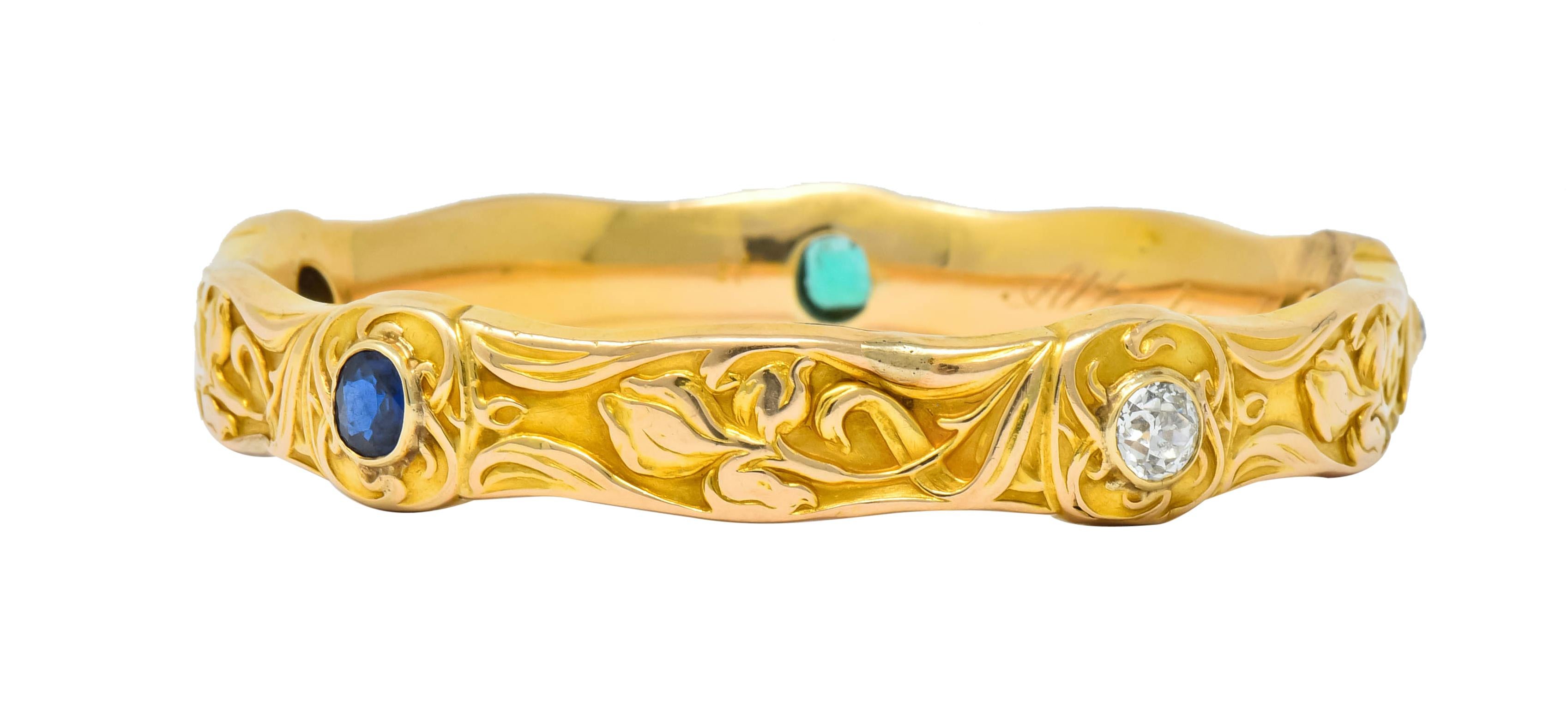 Art Nouveau Riker Brothers 3.50 Carat Diamond Sapphire Emerald 14 Karat Gold Floral Bracelet