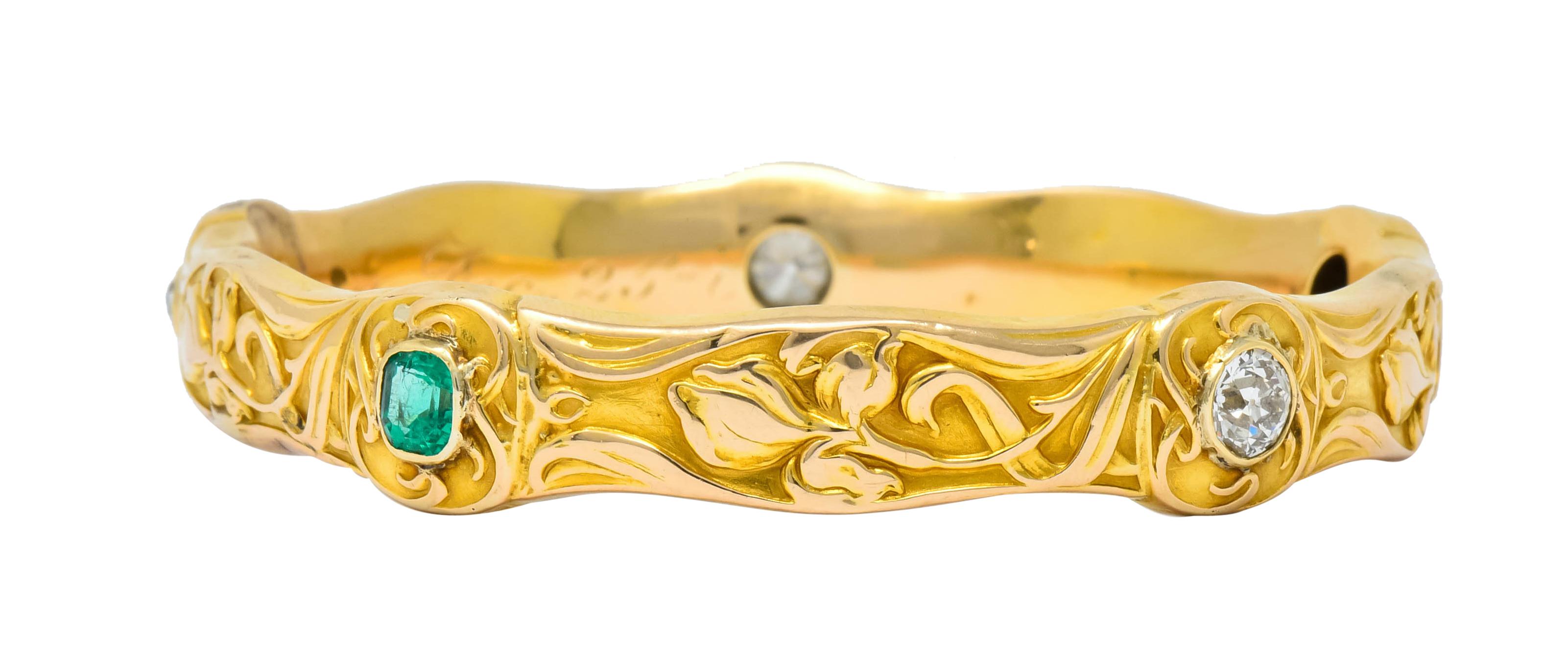 Old European Cut Riker Brothers 3.50 Carat Diamond Sapphire Emerald 14 Karat Gold Floral Bracelet