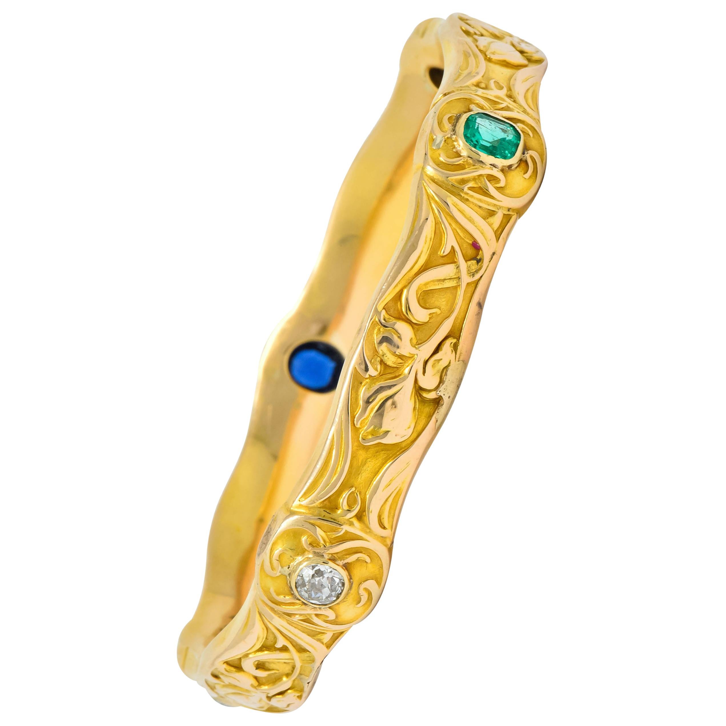 Riker Brothers 3.50 Carat Diamond Sapphire Emerald 14 Karat Gold Floral Bracelet