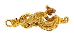 Riker Brothers Art Nouveau Diamond 14 Karat Gold Serpent Dragon Pendant Brooch