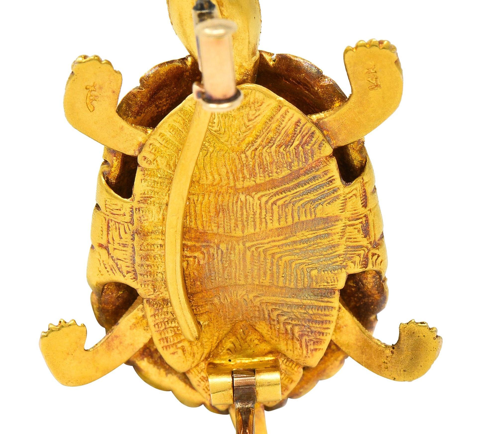 Riker Brothers Art Nouveau Diamond Demantoid 14K Gold Antique Turtle Brooch For Sale 5