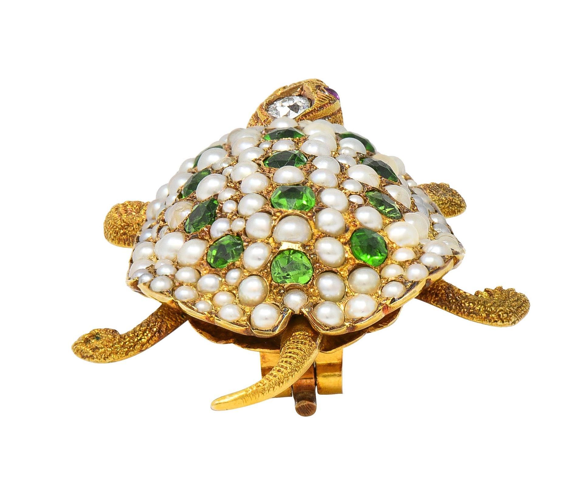 Riker Brothers Antike Schildkrötenbrosche, Jugendstil, Diamant Demantoid 14K Gold, antik im Angebot 5