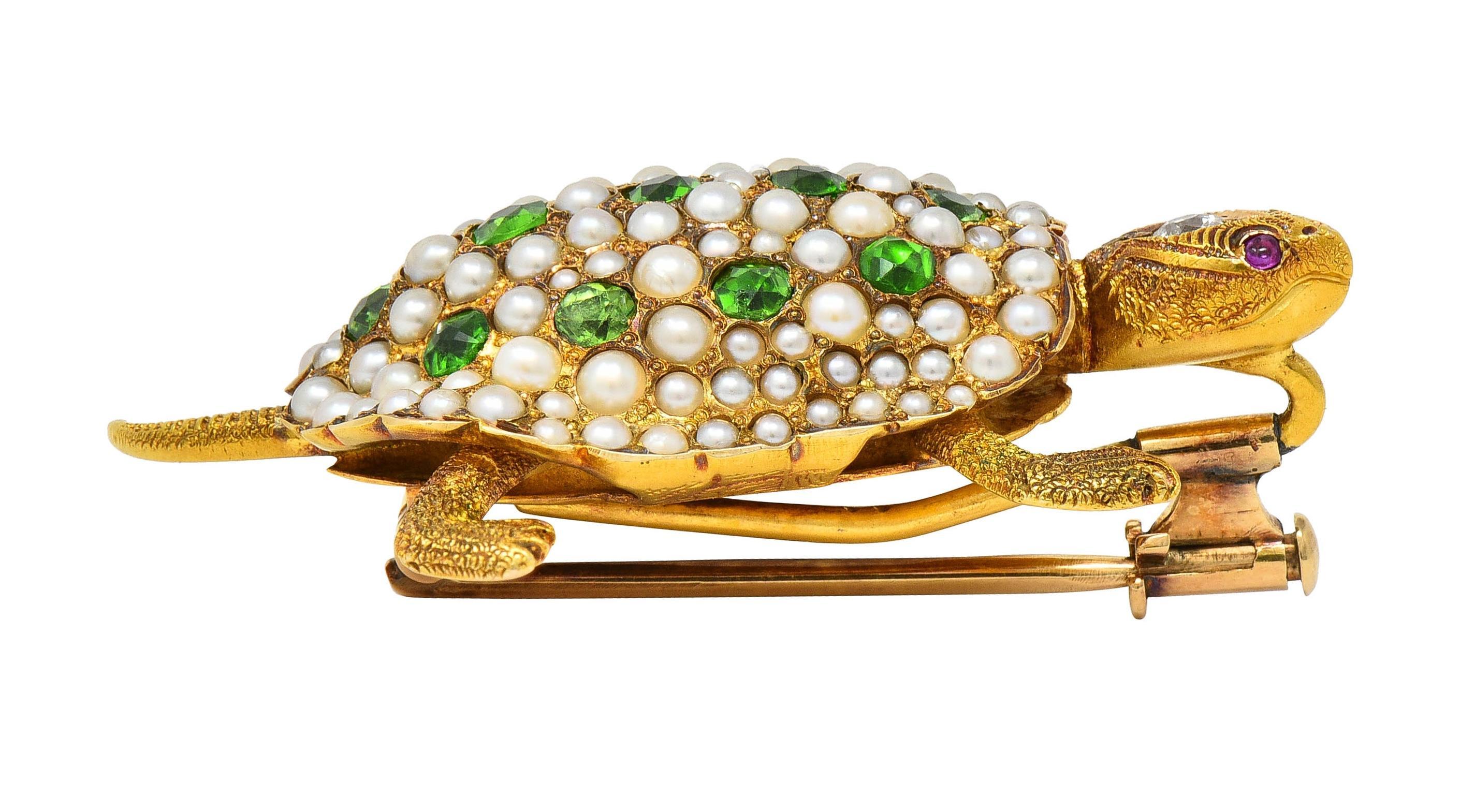 Riker Brothers Art Nouveau Diamond Demantoid 14K Gold Antique Turtle Brooch For Sale 7