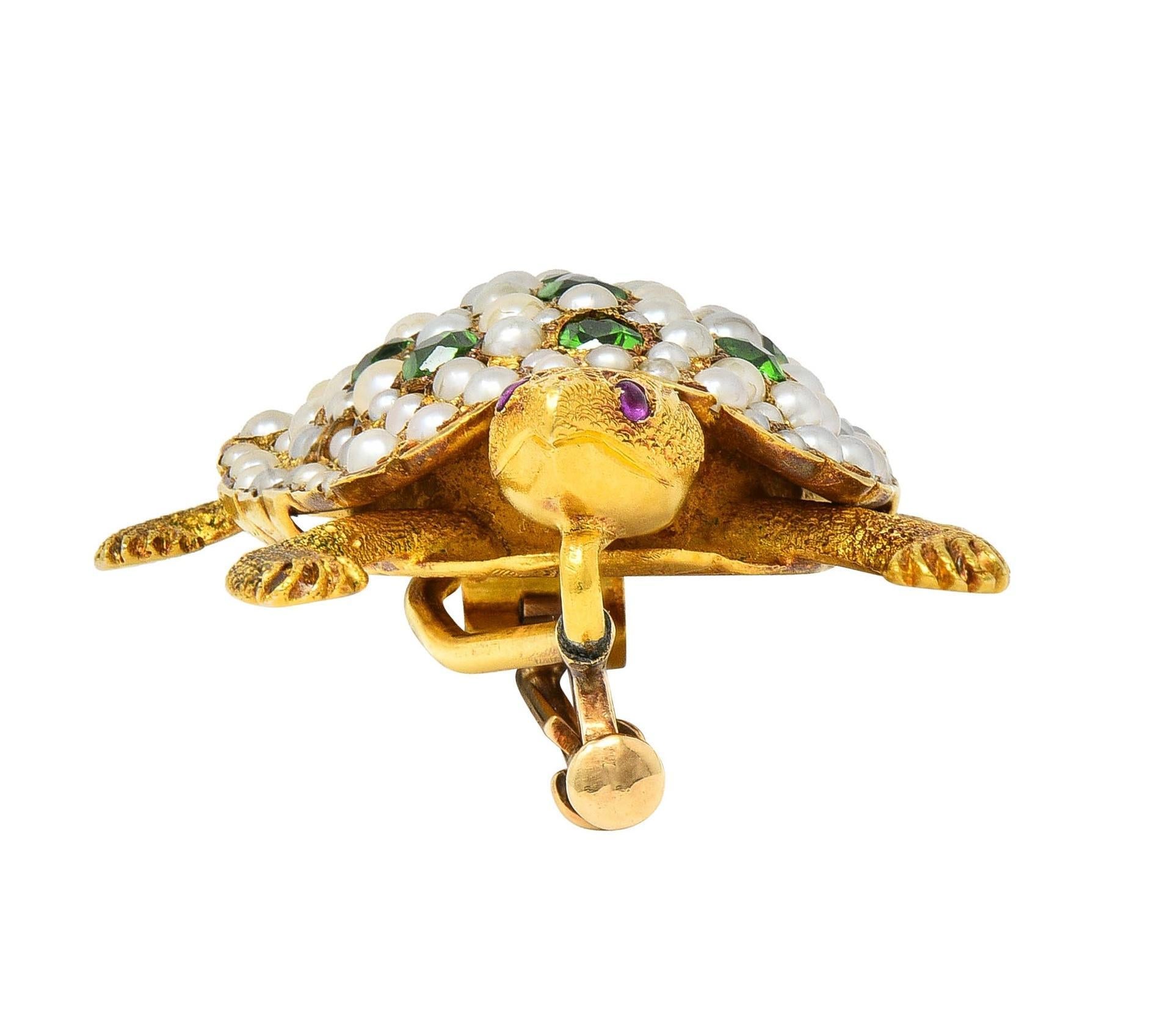 Riker Brothers Antike Schildkrötenbrosche, Jugendstil, Diamant Demantoid 14K Gold, antik im Angebot 7