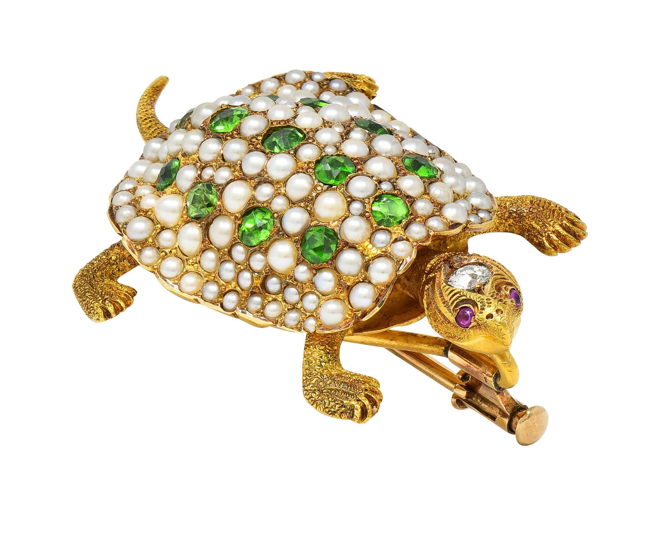 Riker Brothers Antike Schildkrötenbrosche, Jugendstil, Diamant Demantoid 14K Gold, antik im Angebot 8