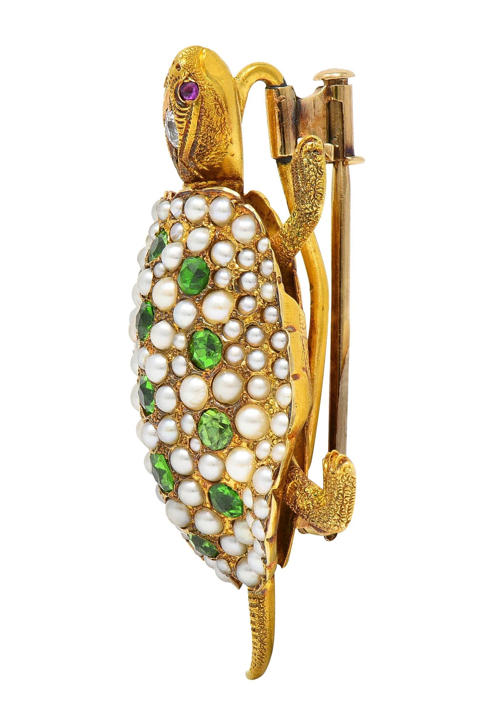Riker Brothers Antike Schildkrötenbrosche, Jugendstil, Diamant Demantoid 14K Gold, antik (Art nouveau) im Angebot