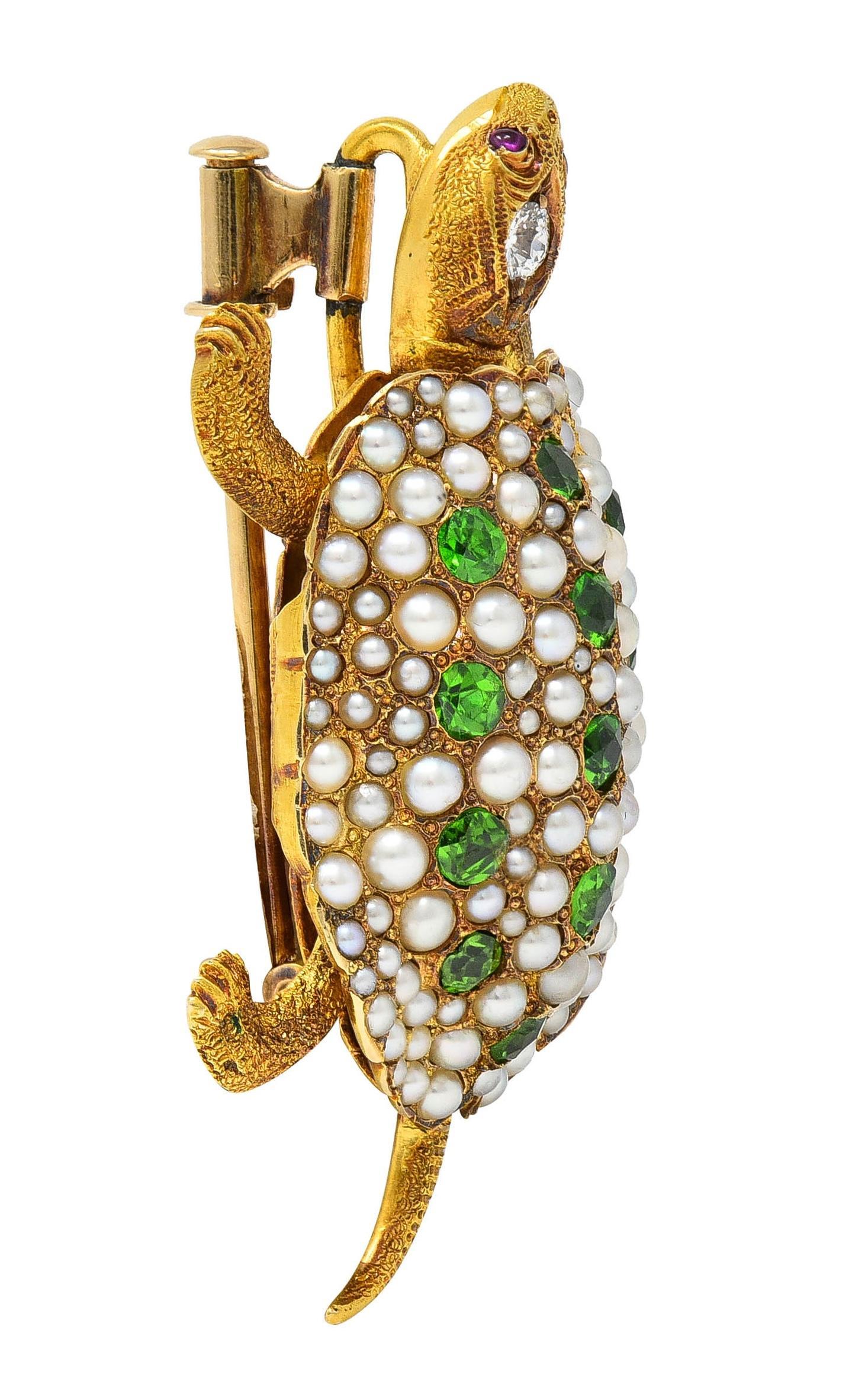 Women's or Men's Riker Brothers Art Nouveau Diamond Demantoid 14K Gold Antique Turtle Brooch For Sale