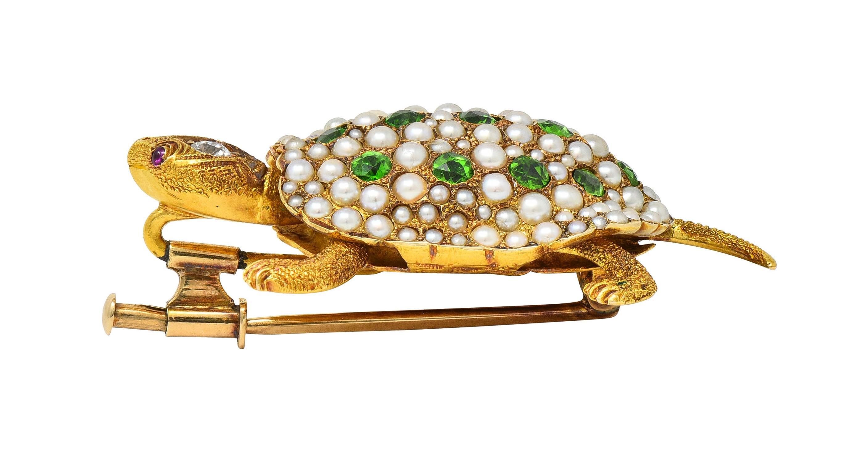Riker Brothers Antike Schildkrötenbrosche, Jugendstil, Diamant Demantoid 14K Gold, antik im Angebot 2