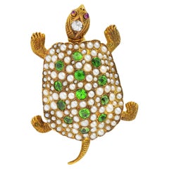 Riker Brothers Broche tortue ancienne Art Nouveau en or 14 carats avec diamants démantoïdes