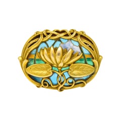 Riker Brothers Art Nouveau Enamel 14 Karat Gold Lotus Lilypad Brooch