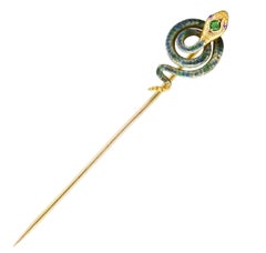 Riker Brothers Art Nouveau Enamel Demantoid Garnet 14 Karat Gold Snake Stickpin