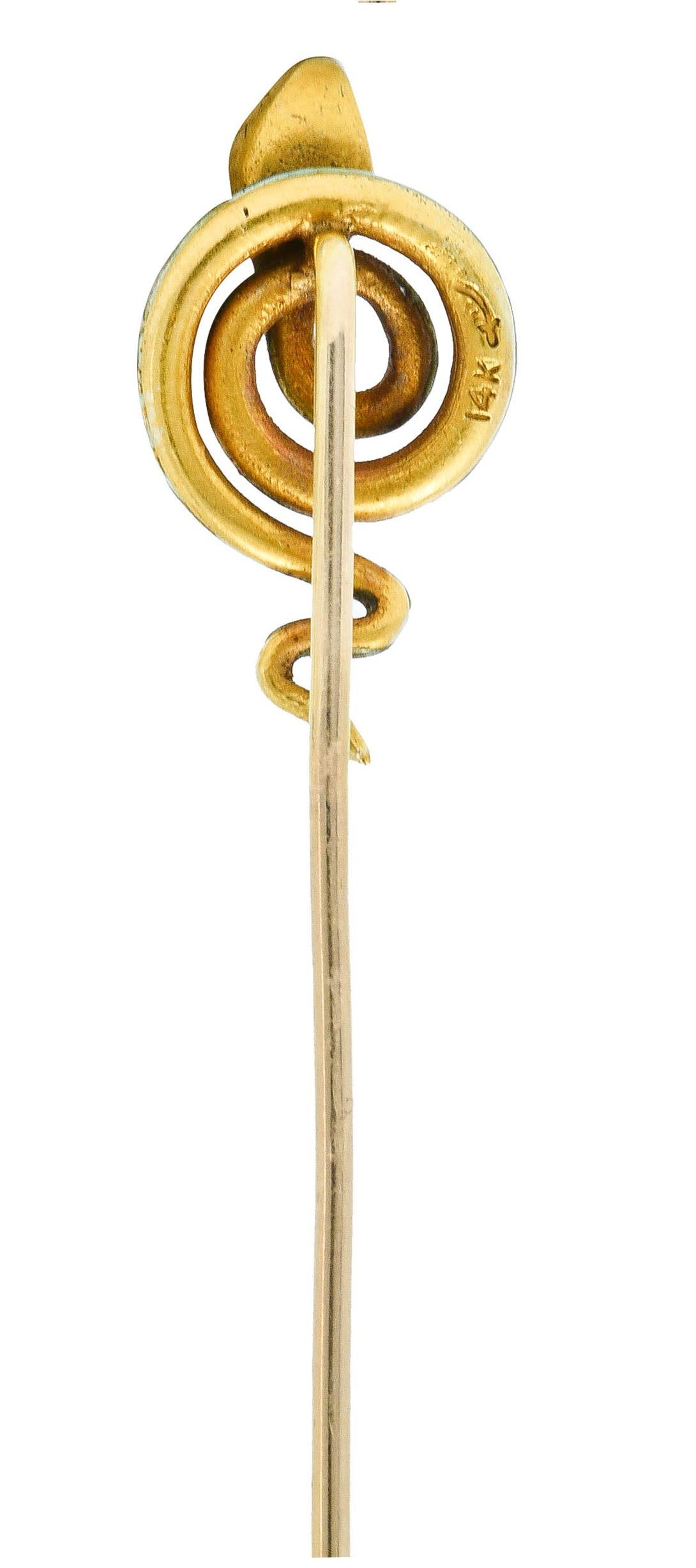 Riker Brothers Art Nouveau Enamel Demantoid Garnet 14 Karat Gold Snake Stickpin In Excellent Condition In Philadelphia, PA