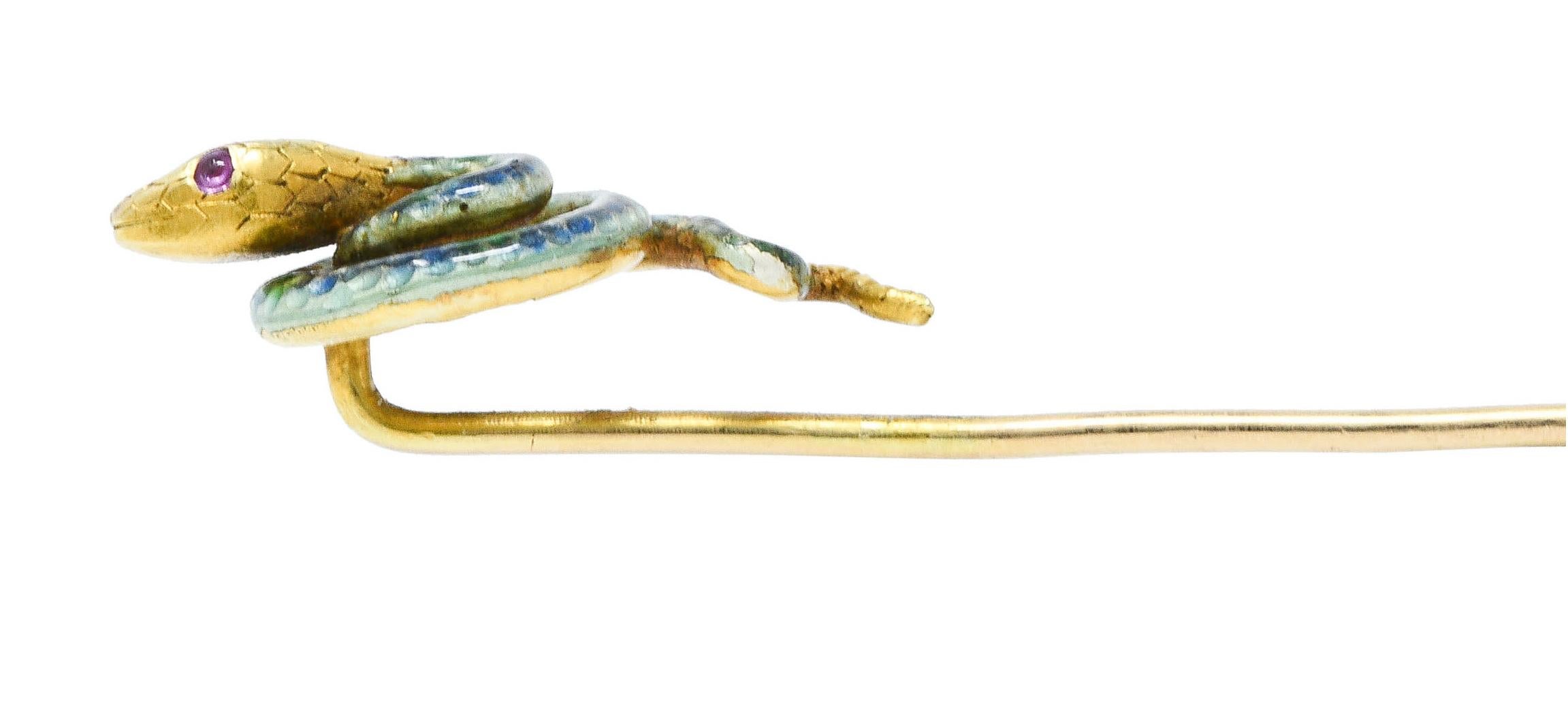 Riker Brothers Art Nouveau Enamel Demantoid Garnet 14 Karat Gold Snake Stickpin 2