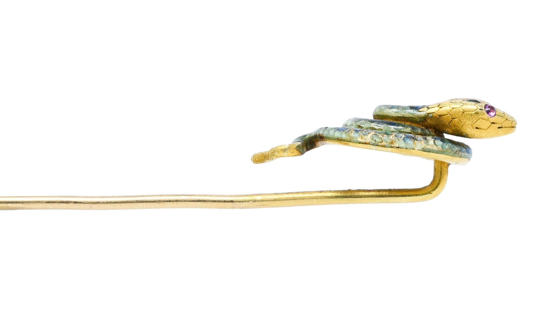 Riker Brothers Art Nouveau Enamel Demantoid Garnet 14 Karat Gold Snake Stickpin 3