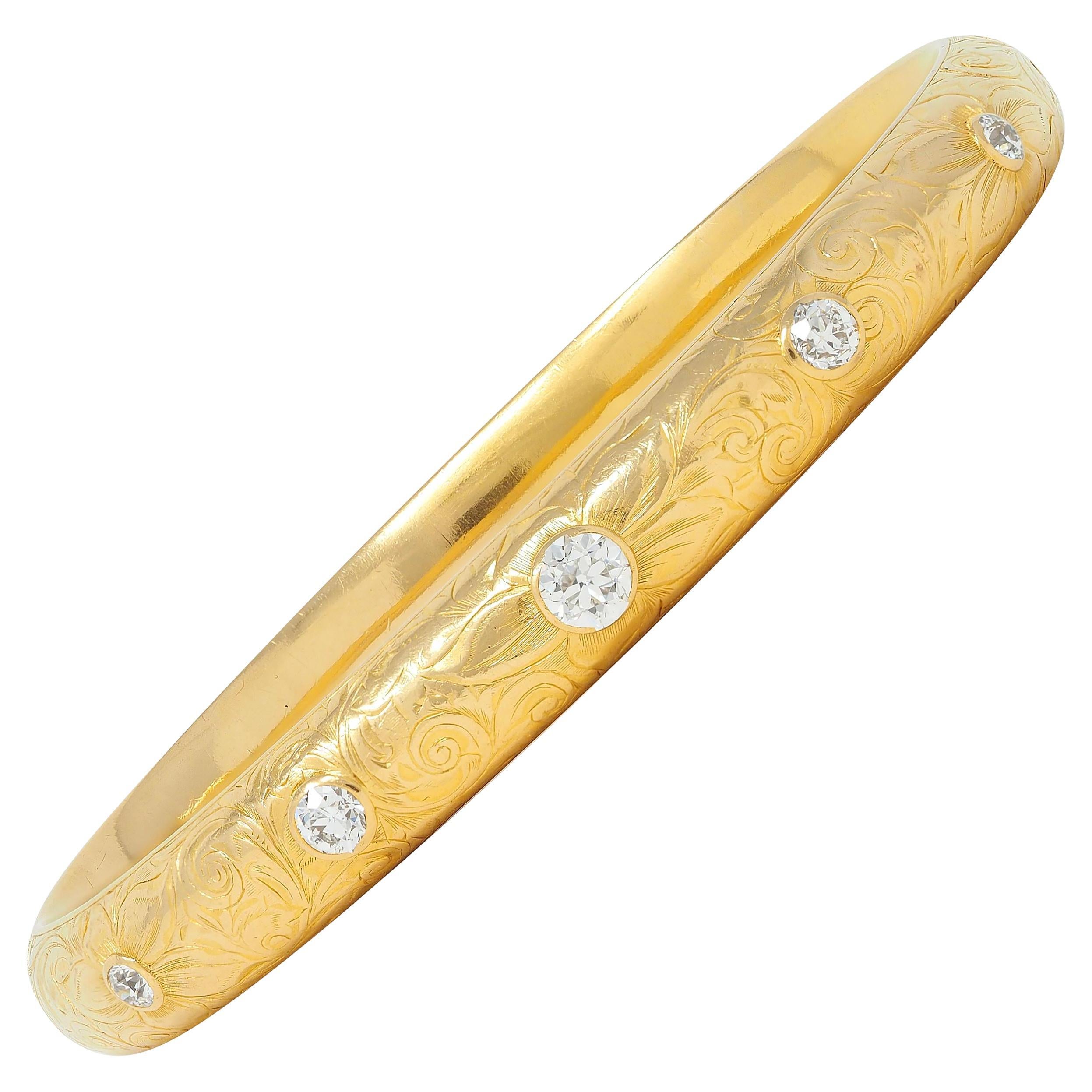 Riker Brothers European Diamond 18K Antique Floral Bangle Bracelet