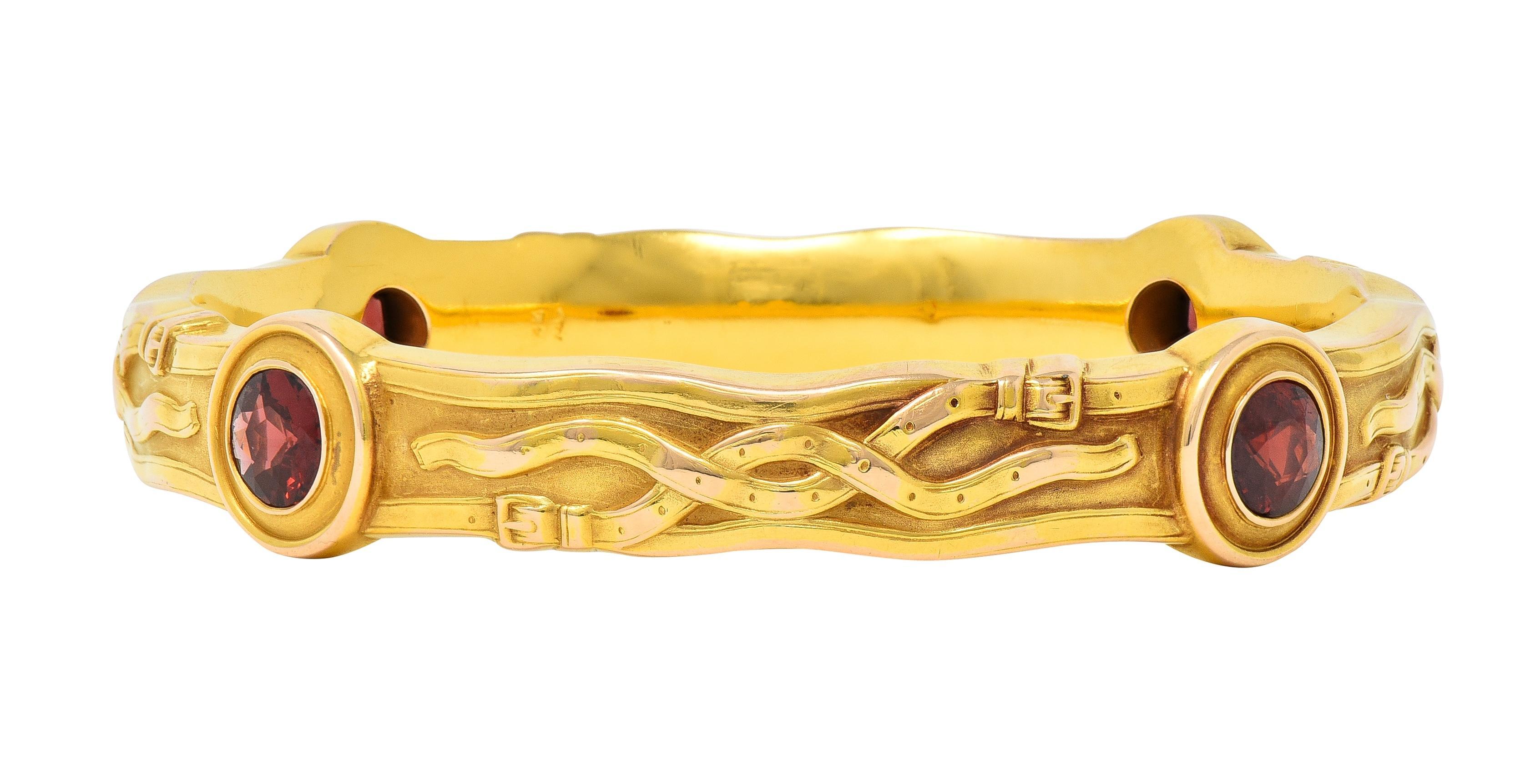Round Cut Riker Brothers Art Nouveau Garnet 14 Karat Gold Antique Belt Bangle Bracelet
