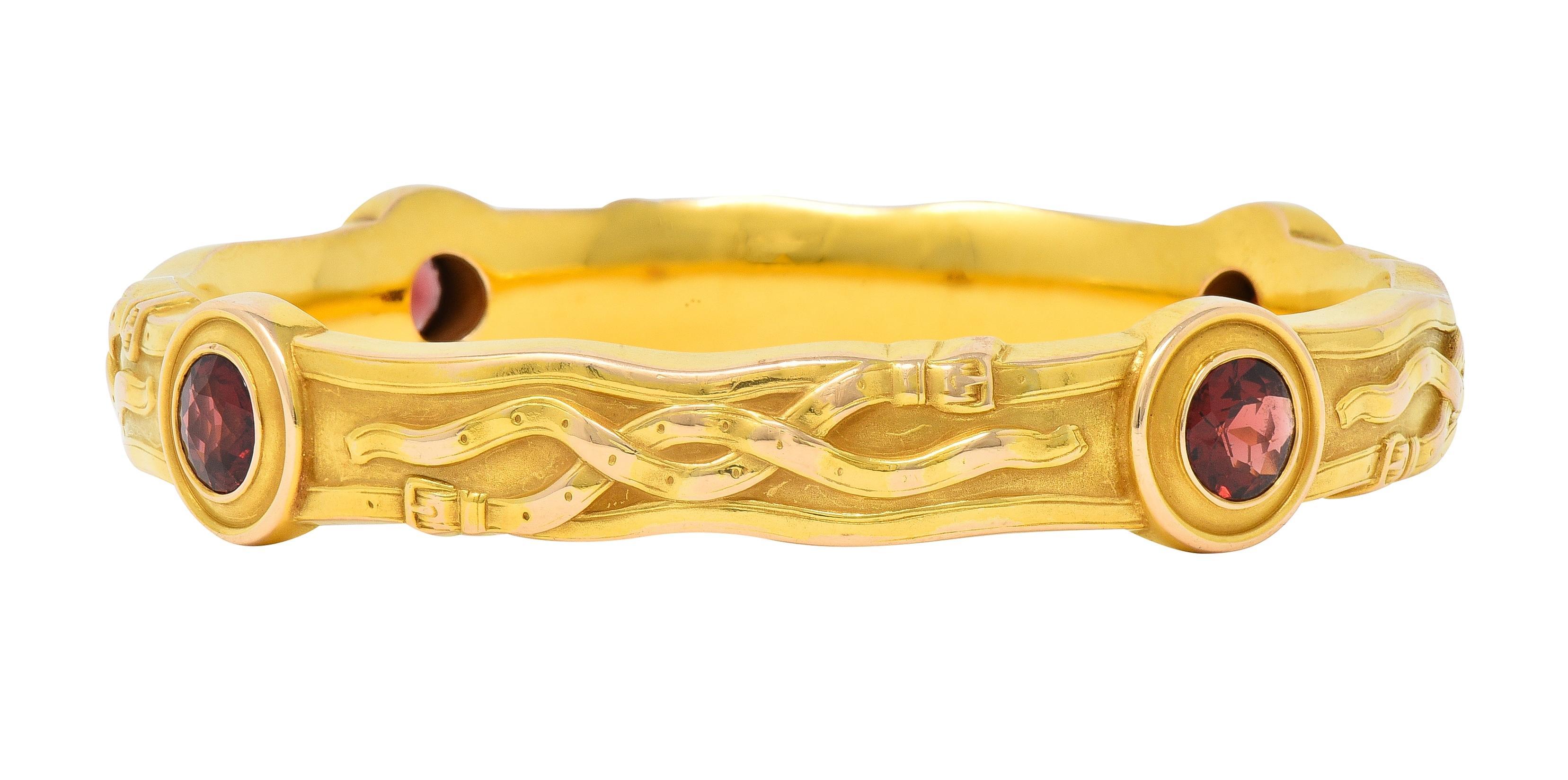 Women's or Men's Riker Brothers Art Nouveau Garnet 14 Karat Gold Antique Belt Bangle Bracelet