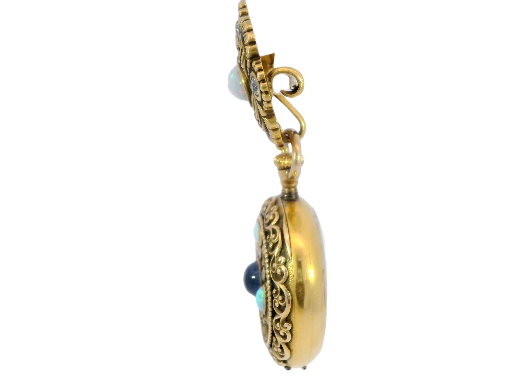 Riker Brothers Art Nouveau Opal and Sapphire Pocket Watch Brooch 14 Karat Gold

This Riker Brothers Art Nouveau Pocket Watch Brooch, made in 14k yellow gold, is a beautiful blend of artistry and function. Made in 1910, this is a piece of history