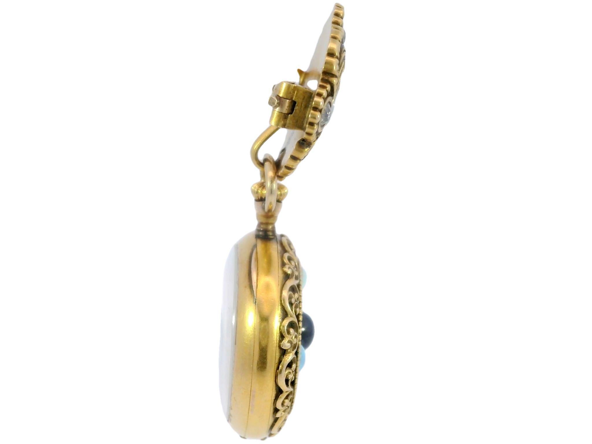 Riker Brothers Art Nouveau Opal and Sapphire Pocket Watch Brooch 14 Karat Gold In Excellent Condition In Fairfield, CT
