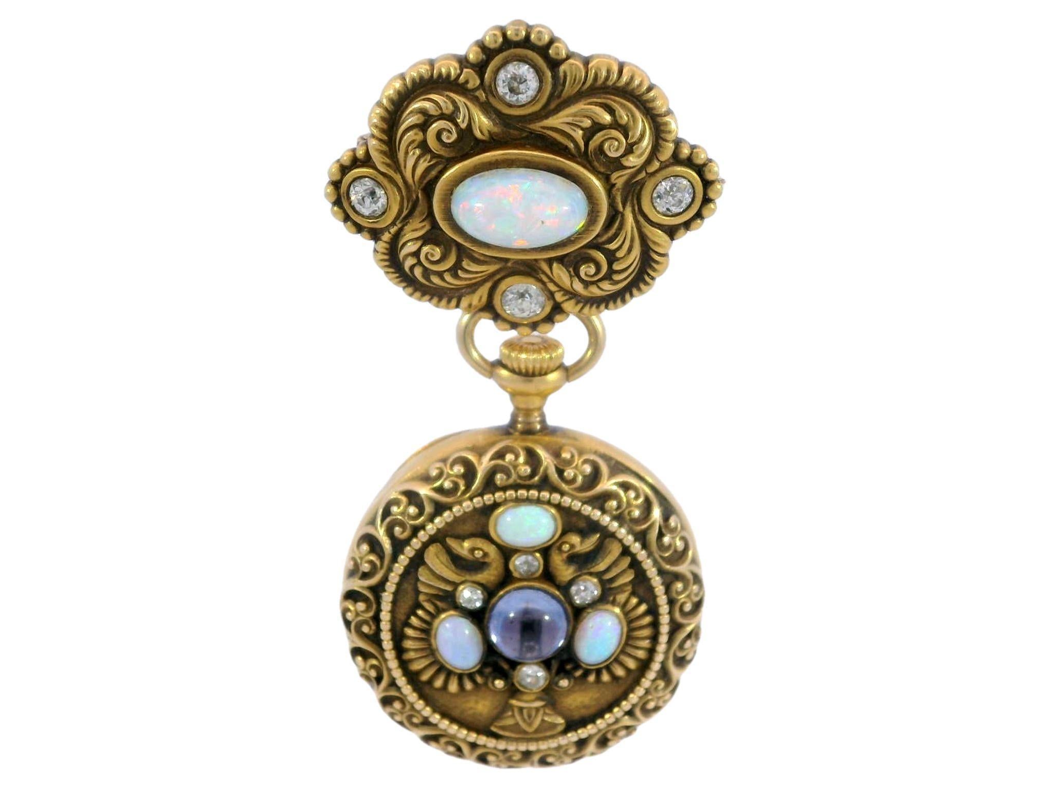 Women's or Men's Riker Brothers Art Nouveau Opal and Sapphire Pocket Watch Brooch 14 Karat Gold