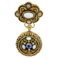Riker Brothers Art Nouveau Opal and Sapphire Pocket Watch Brooch 14 Karat Gold
