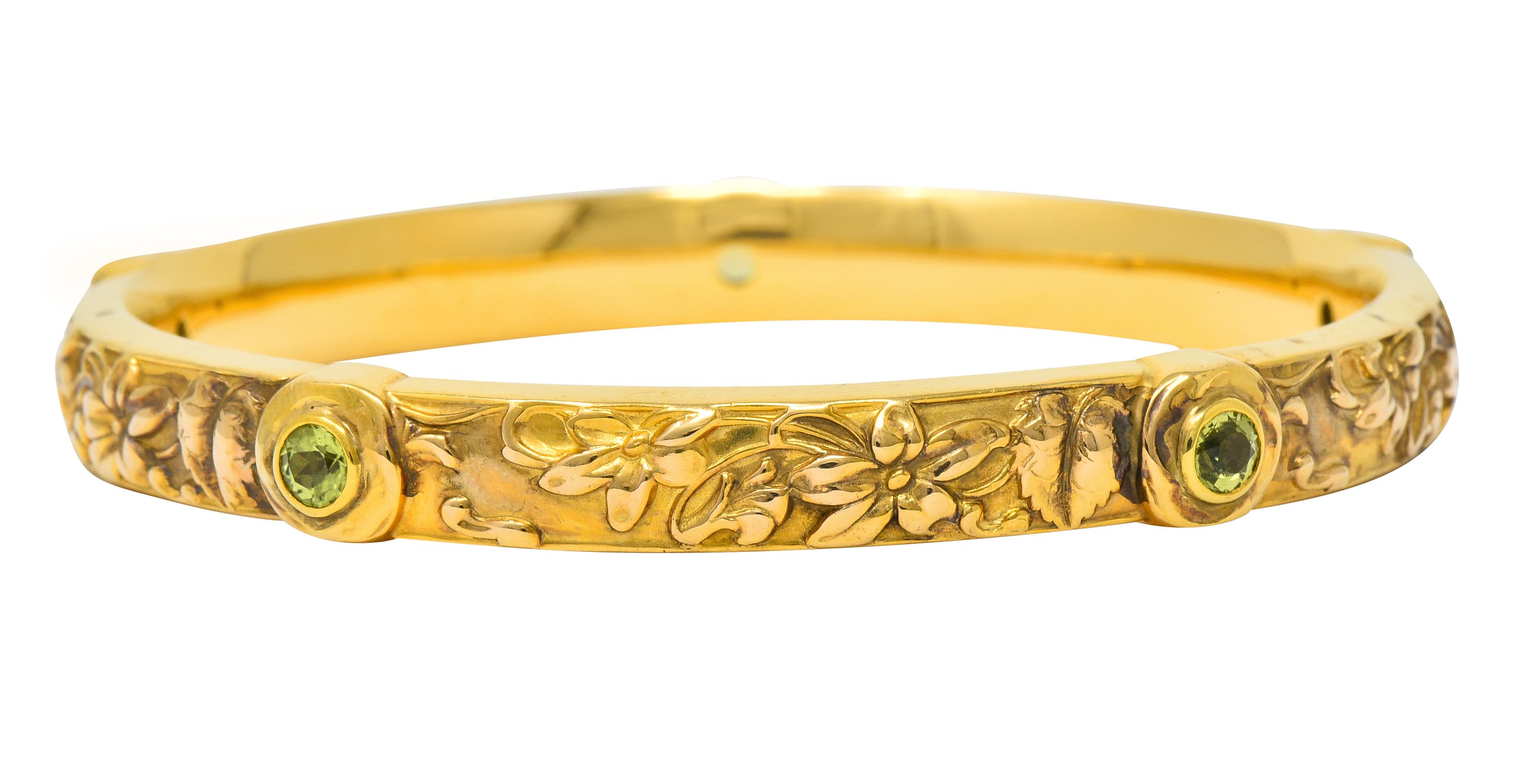 Round Cut Riker Brothers Art Nouveau Peridot 14 Karat Gold Floral Bangle Bracelet