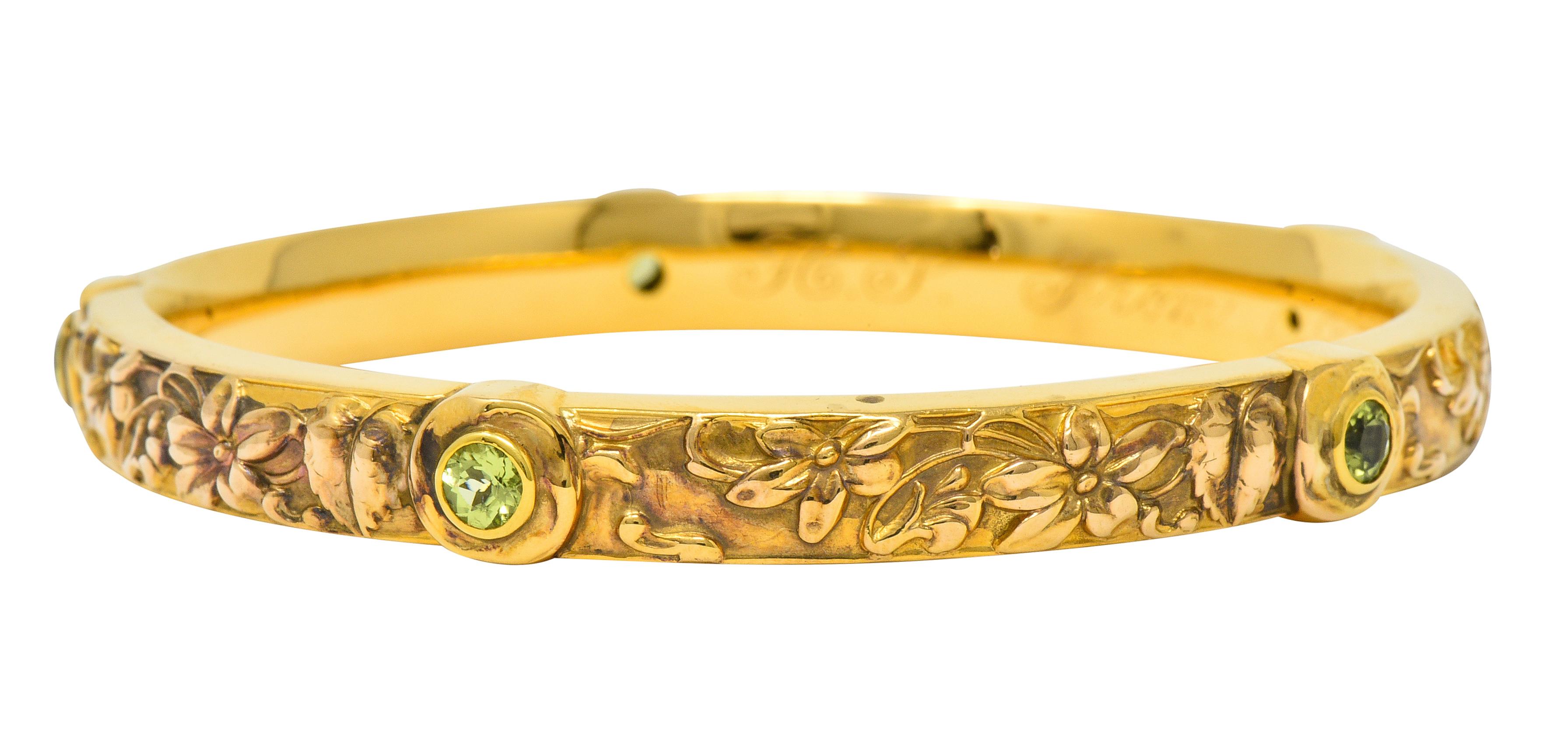 Riker Brothers Art Nouveau Peridot 14 Karat Gold Floral Bangle Bracelet In Excellent Condition In Philadelphia, PA