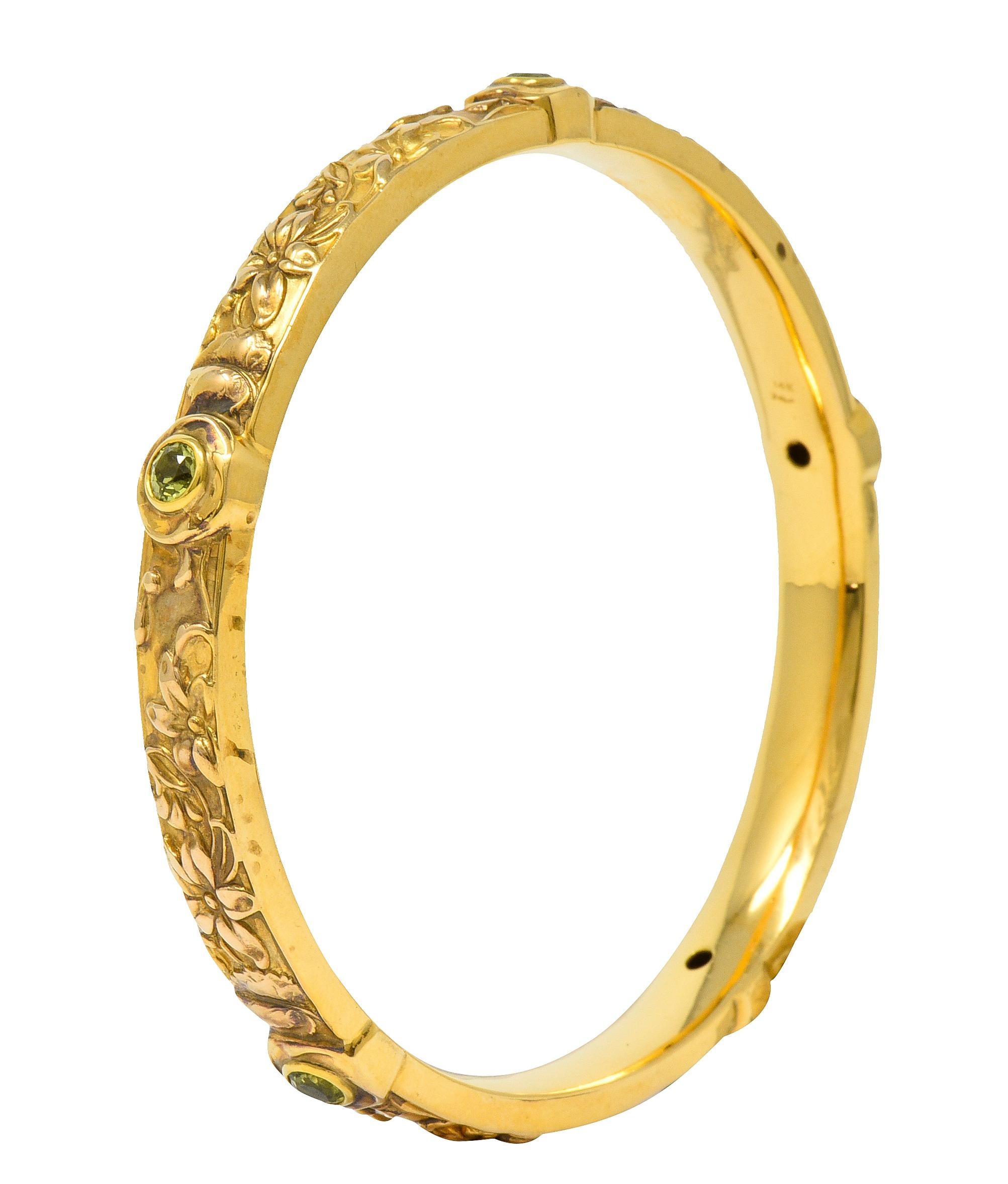 Riker Brothers Art Nouveau Peridot 14 Karat Gold Floral Bangle Bracelet 1