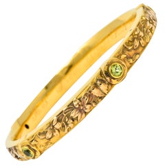 Riker Brothers Art Nouveau Peridot 14 Karat Gold Floral Bangle Bracelet