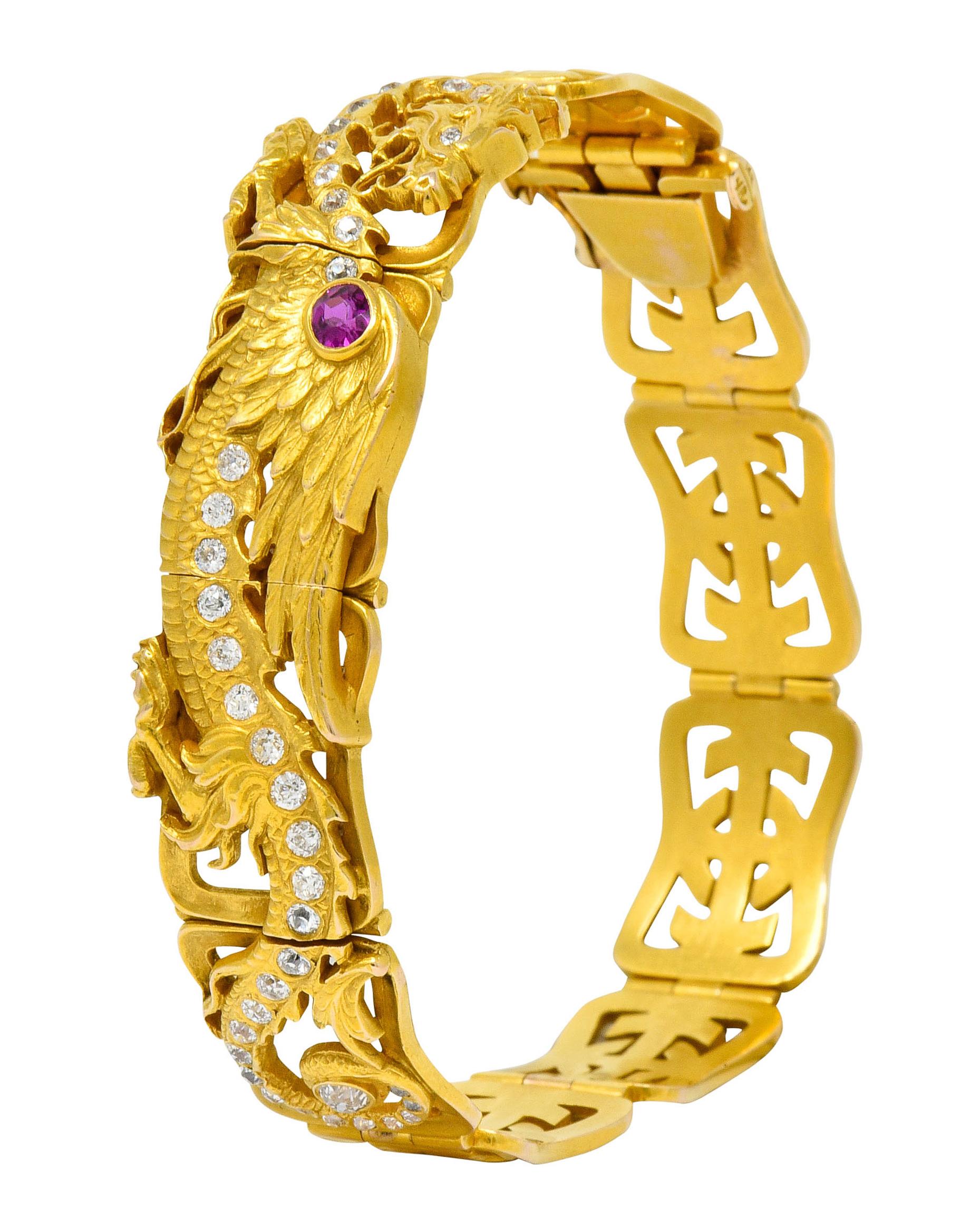 Riker Brothers, Art Nouveau Ruby Diamond 14 Karat Gold Serpent Dragon Bracelet 8
