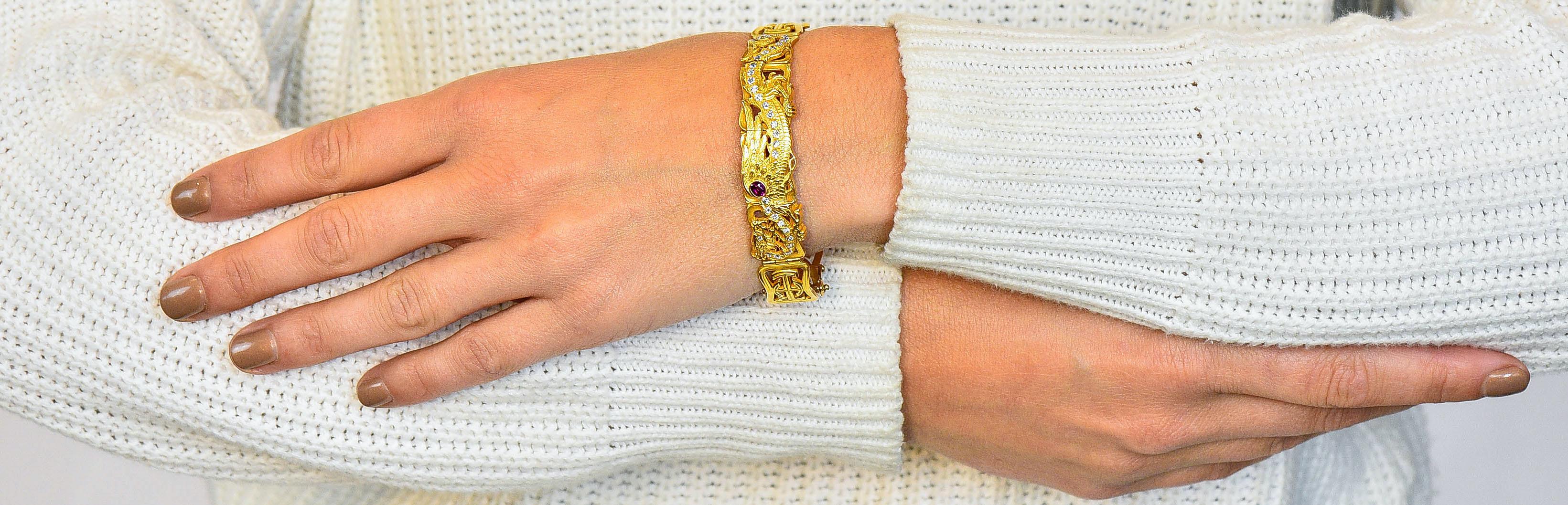 Riker Brothers, Art Nouveau Ruby Diamond 14 Karat Gold Serpent Dragon Bracelet 9