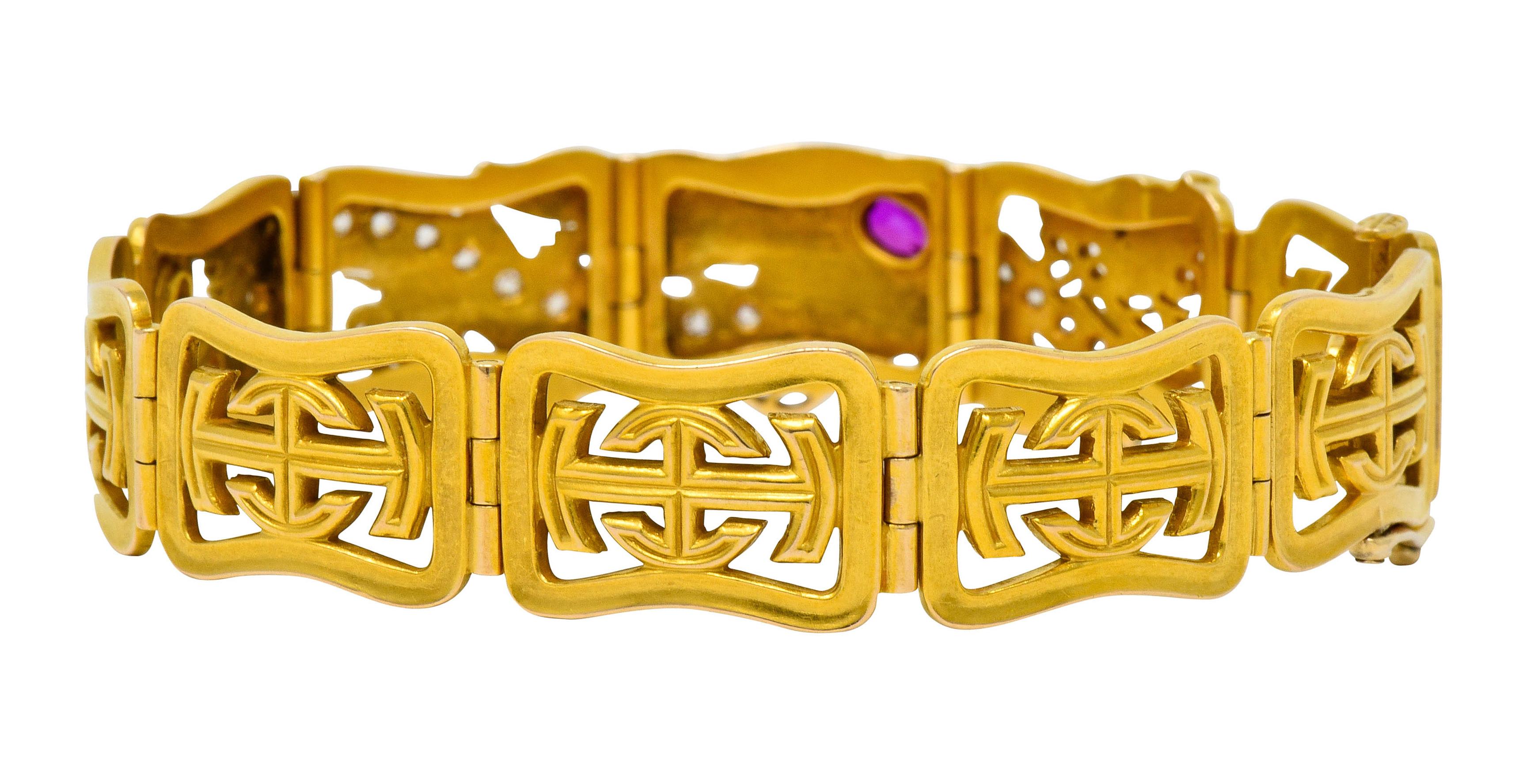 Old European Cut Riker Brothers, Art Nouveau Ruby Diamond 14 Karat Gold Serpent Dragon Bracelet