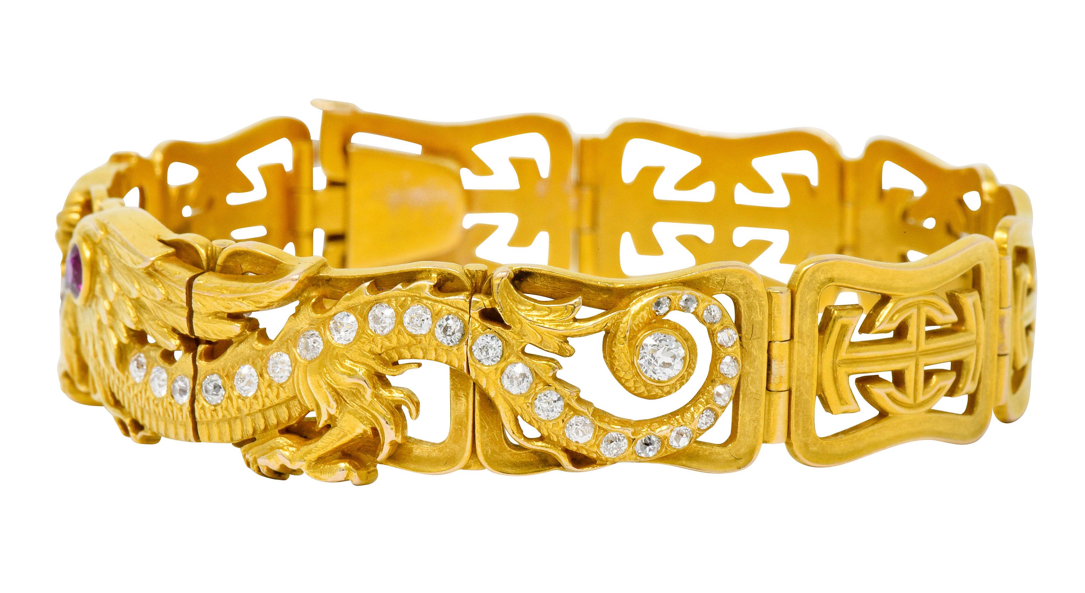Riker Brothers, Art Nouveau Ruby Diamond 14 Karat Gold Serpent Dragon Bracelet In Excellent Condition In Philadelphia, PA