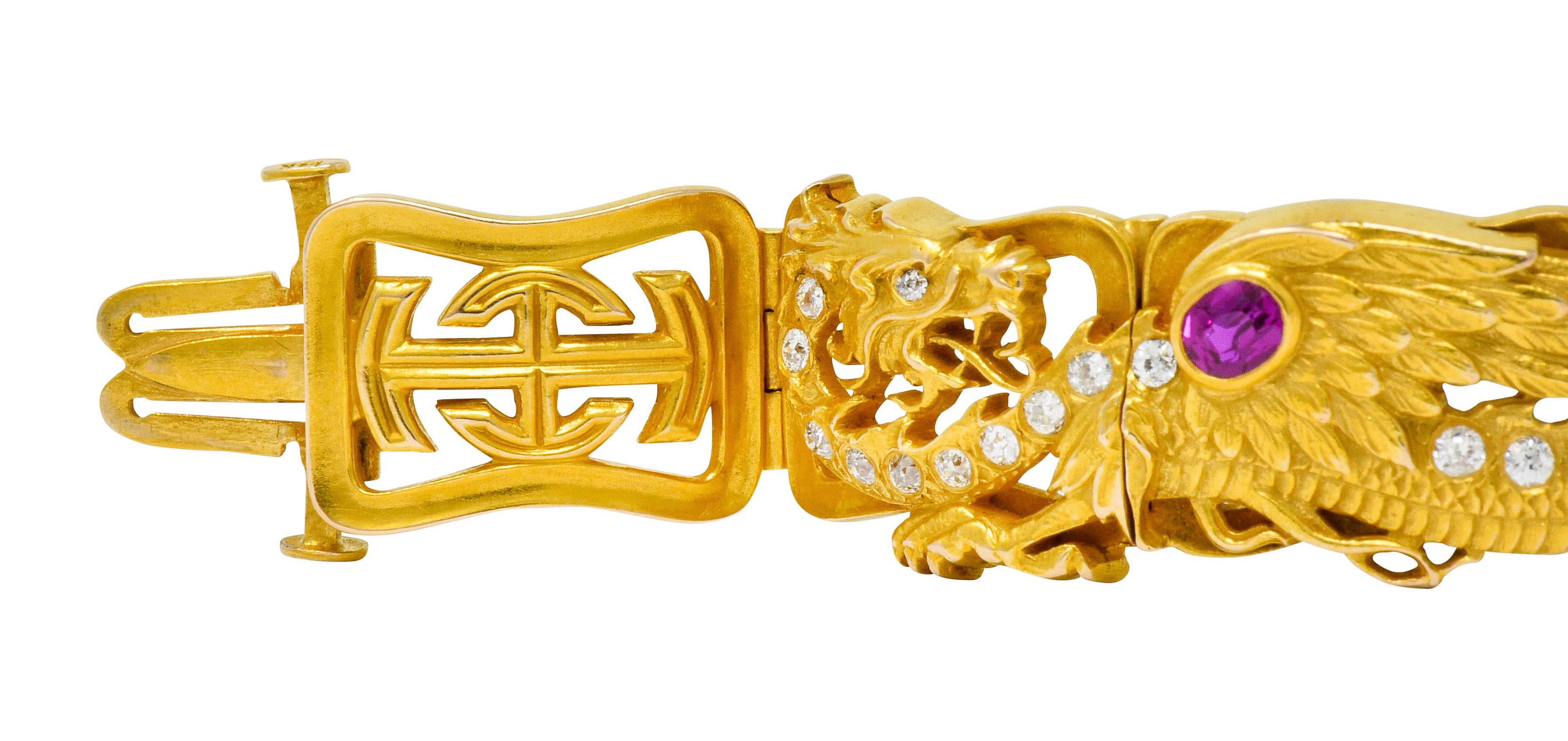 Women's or Men's Riker Brothers, Art Nouveau Ruby Diamond 14 Karat Gold Serpent Dragon Bracelet
