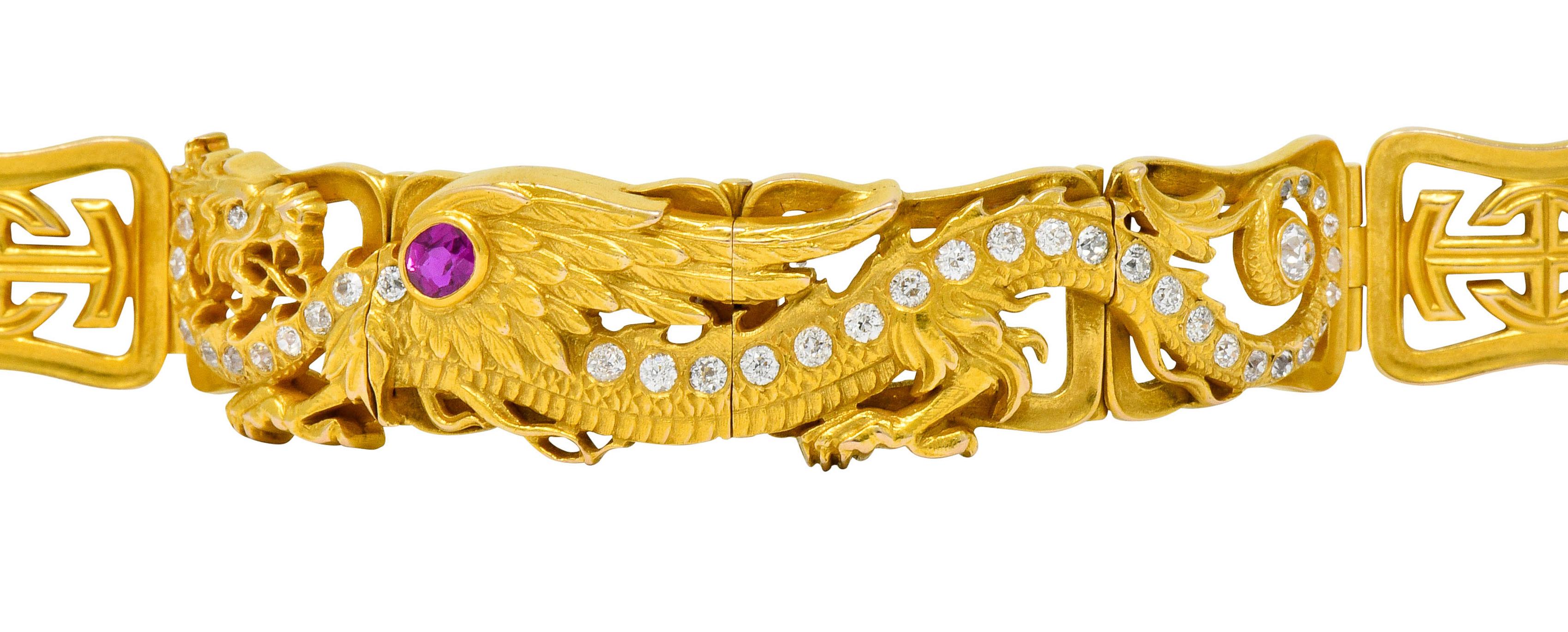 Riker Brothers, Art Nouveau Ruby Diamond 14 Karat Gold Serpent Dragon Bracelet 1