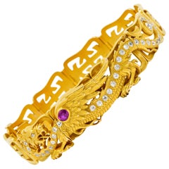 Antique Riker Brothers, Art Nouveau Ruby Diamond 14 Karat Gold Serpent Dragon Bracelet