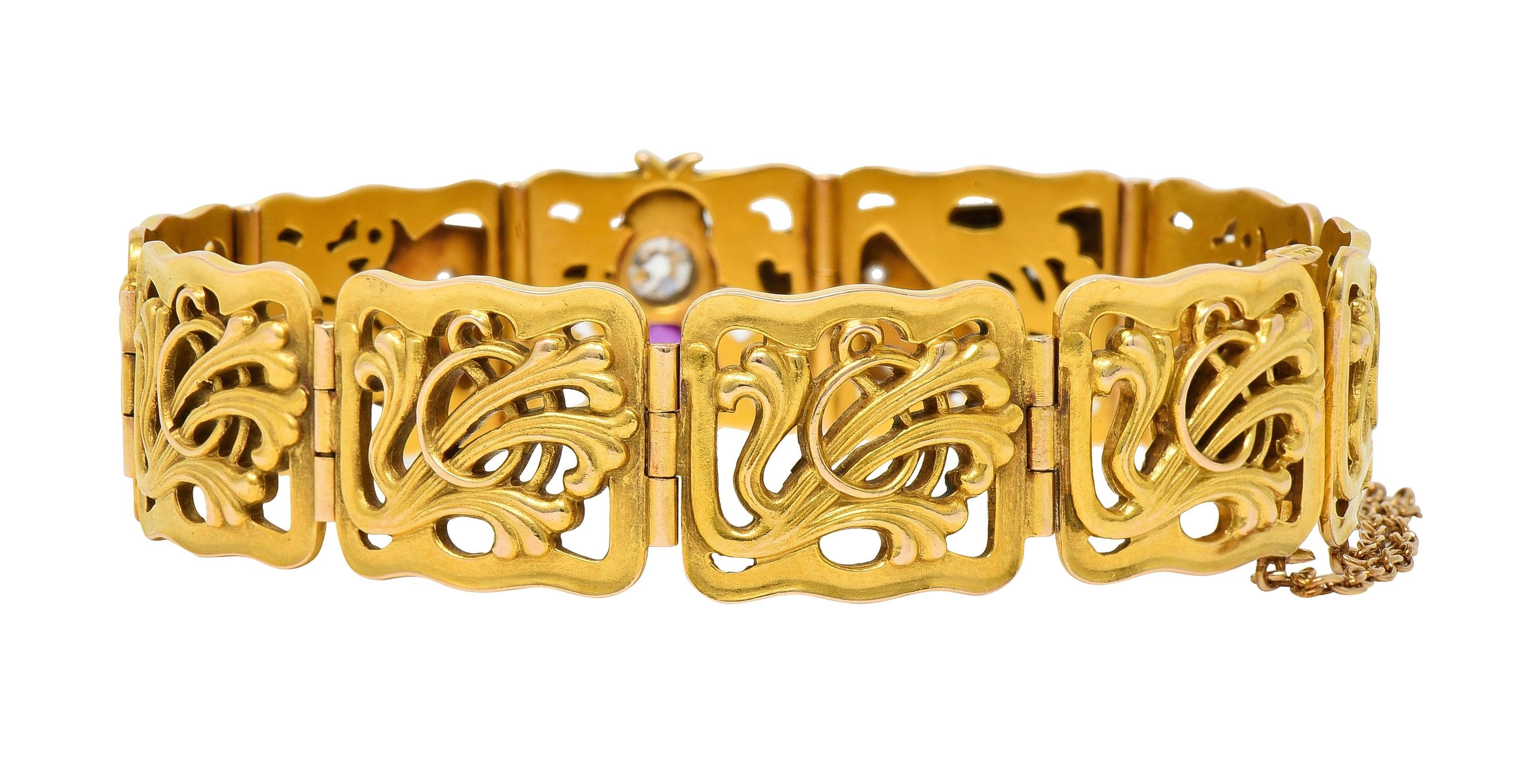 Riker Brothers Art Nouveau Ruby Diamond Demantoid 14 Karat Gold Bee Bracelet For Sale 5