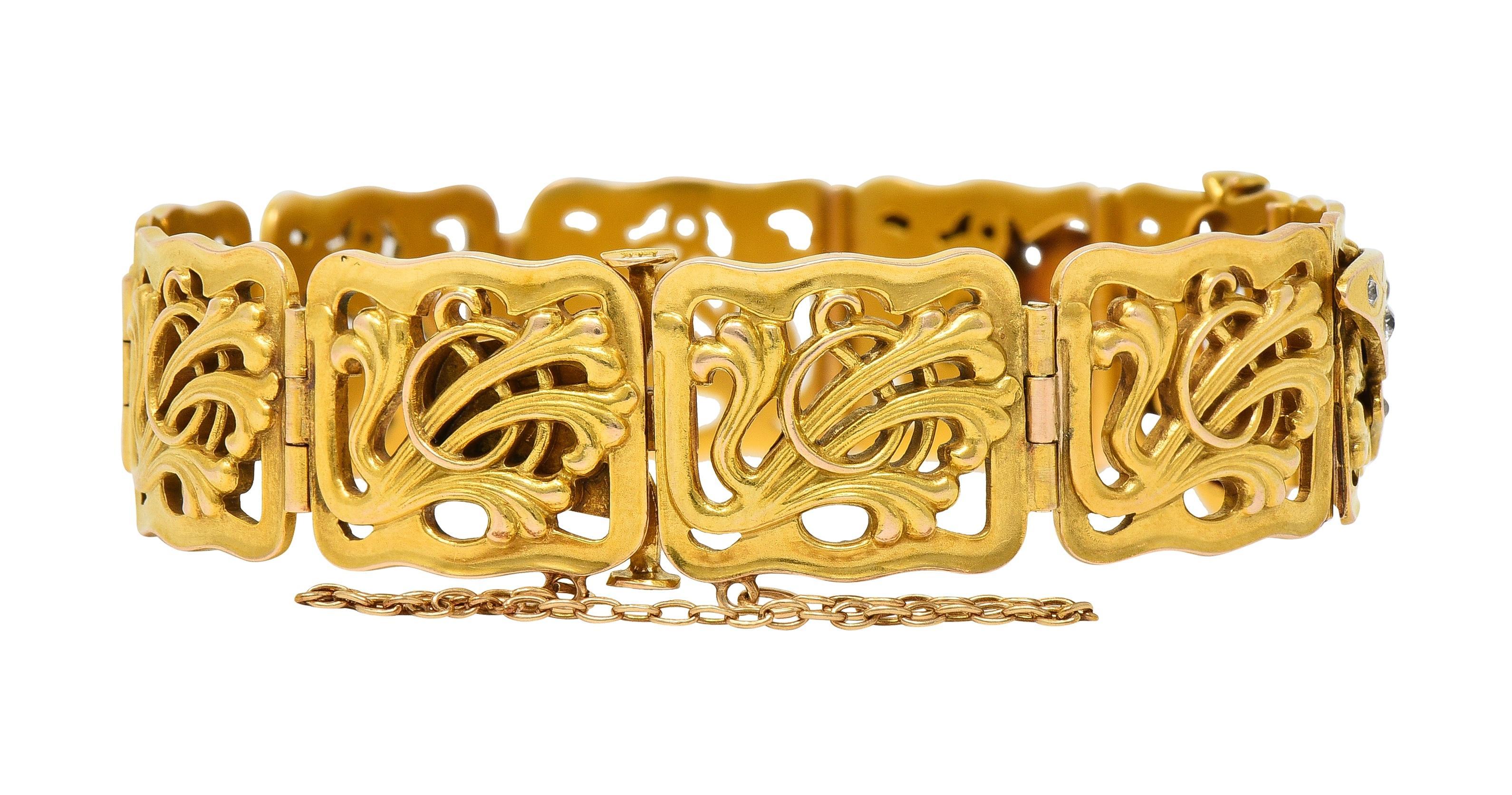 Riker Brothers Art Nouveau Ruby Diamond Demantoid 14 Karat Gold Bee Bracelet For Sale 6