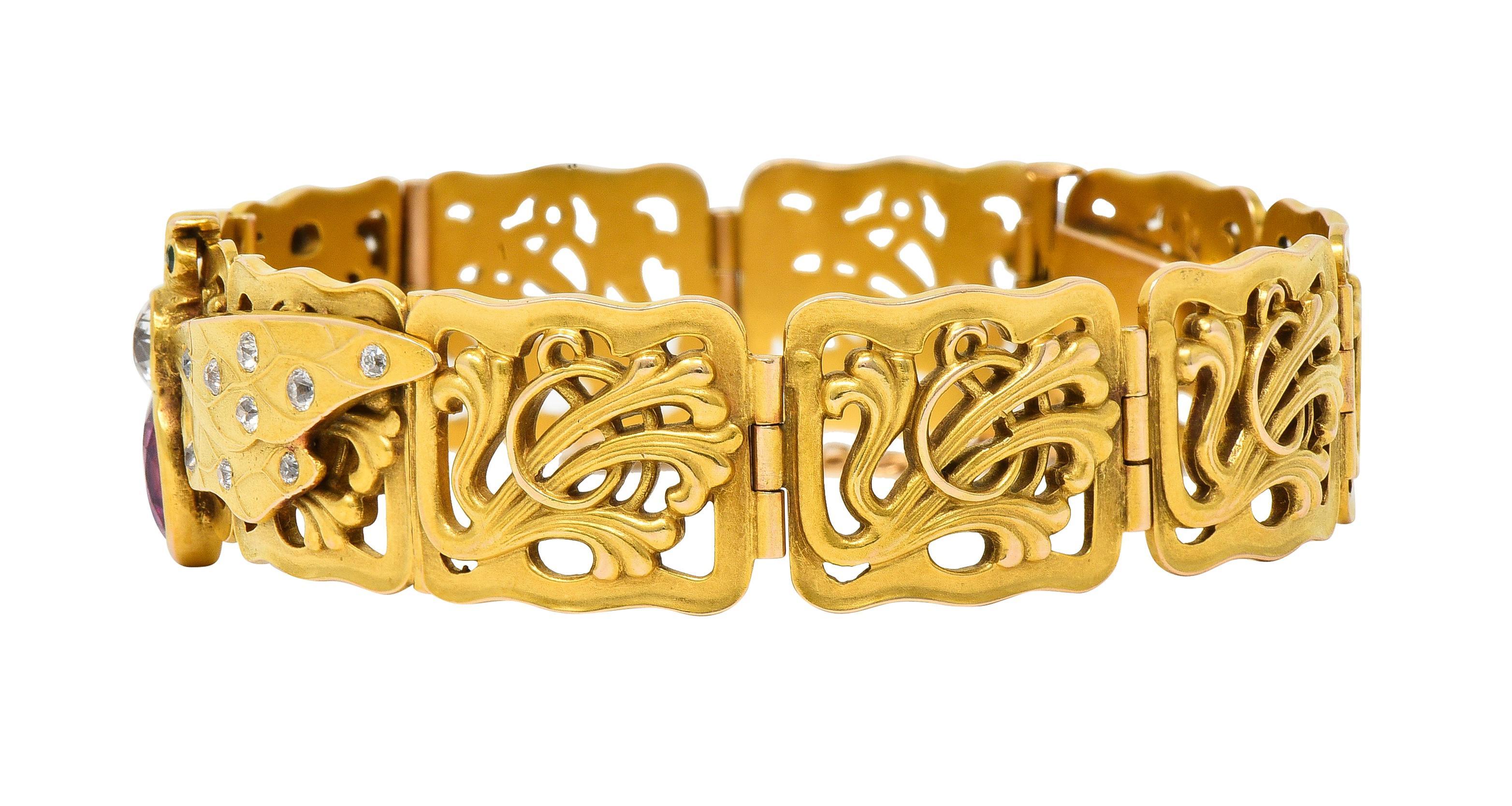 Riker Brothers Art Nouveau Ruby Diamond Demantoid 14 Karat Gold Bee Bracelet For Sale 7